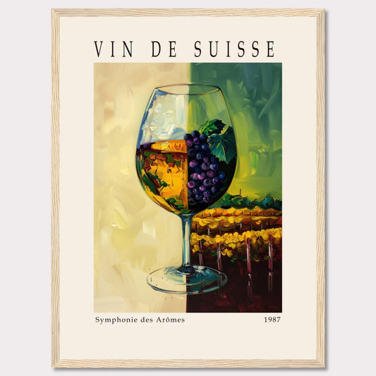 This vibrant poster showcases a wine glass filled with white wine, adorned with a cluster of purple grapes and green leaves. The background features a picturesque vineyard scene, split into two contrasting hues of yellow and green.