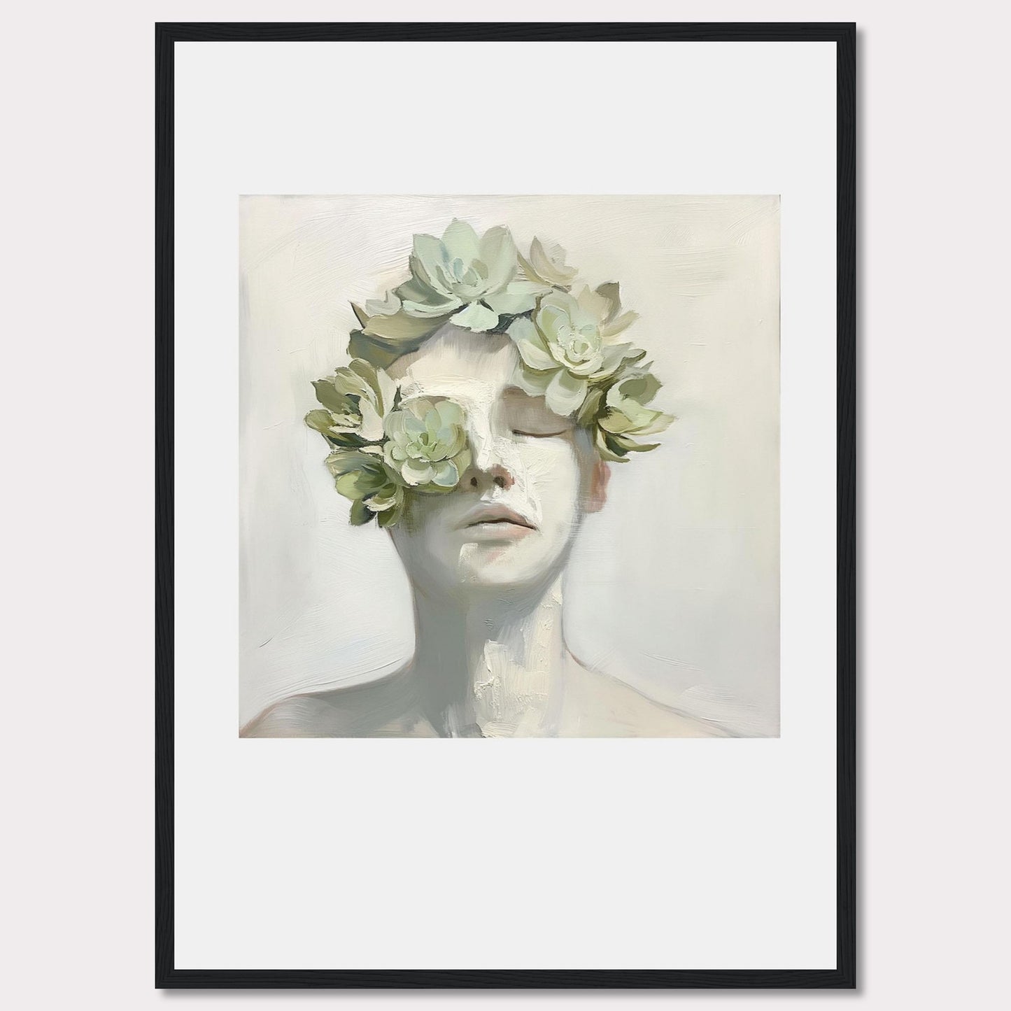 This captivating artwork features a serene face adorned with a crown of succulents, blending nature and human form in a harmonious expression.