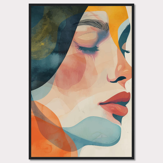 This captivating artwork features a serene profile of a woman's face, rendered in a vibrant mix of abstract colors. The composition highlights her closed eyes and calm expression, evoking a sense of tranquility and introspection.