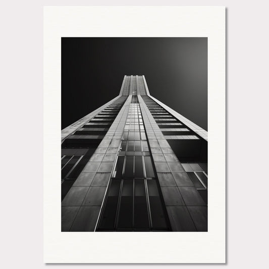 This striking black and white photograph captures the awe-inspiring perspective of looking up at a towering skyscraper. The image emphasizes the sleek lines and modern architecture, drawing the viewer's eye upwards towards the sky.