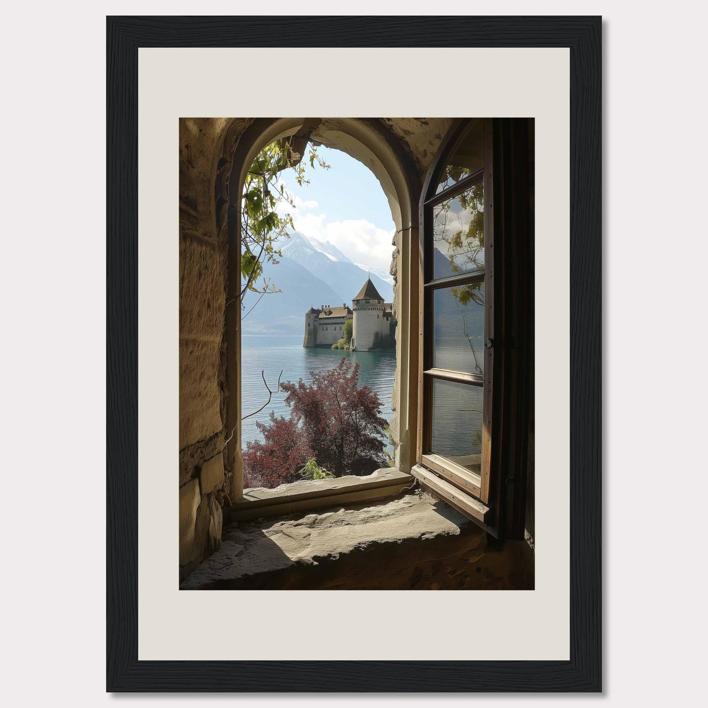 Experience the serene beauty of a picturesque castle by a tranquil lake, framed perfectly by an ancient stone window. The majestic mountains in the background add to the breathtaking scenery.