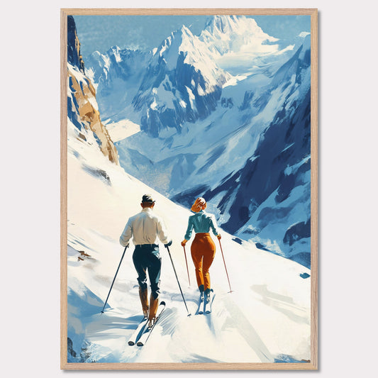 This retro poster captures the elegance and adventure of alpine skiing in Switzerland, circa 1960. Two fashionable skiers glide down the pristine snow with majestic mountains towering in the background. The vibrant colors of their outfits contrast beautifully against the white landscape, while the bold lettering emphasizes the stylish allure of alpine sports.