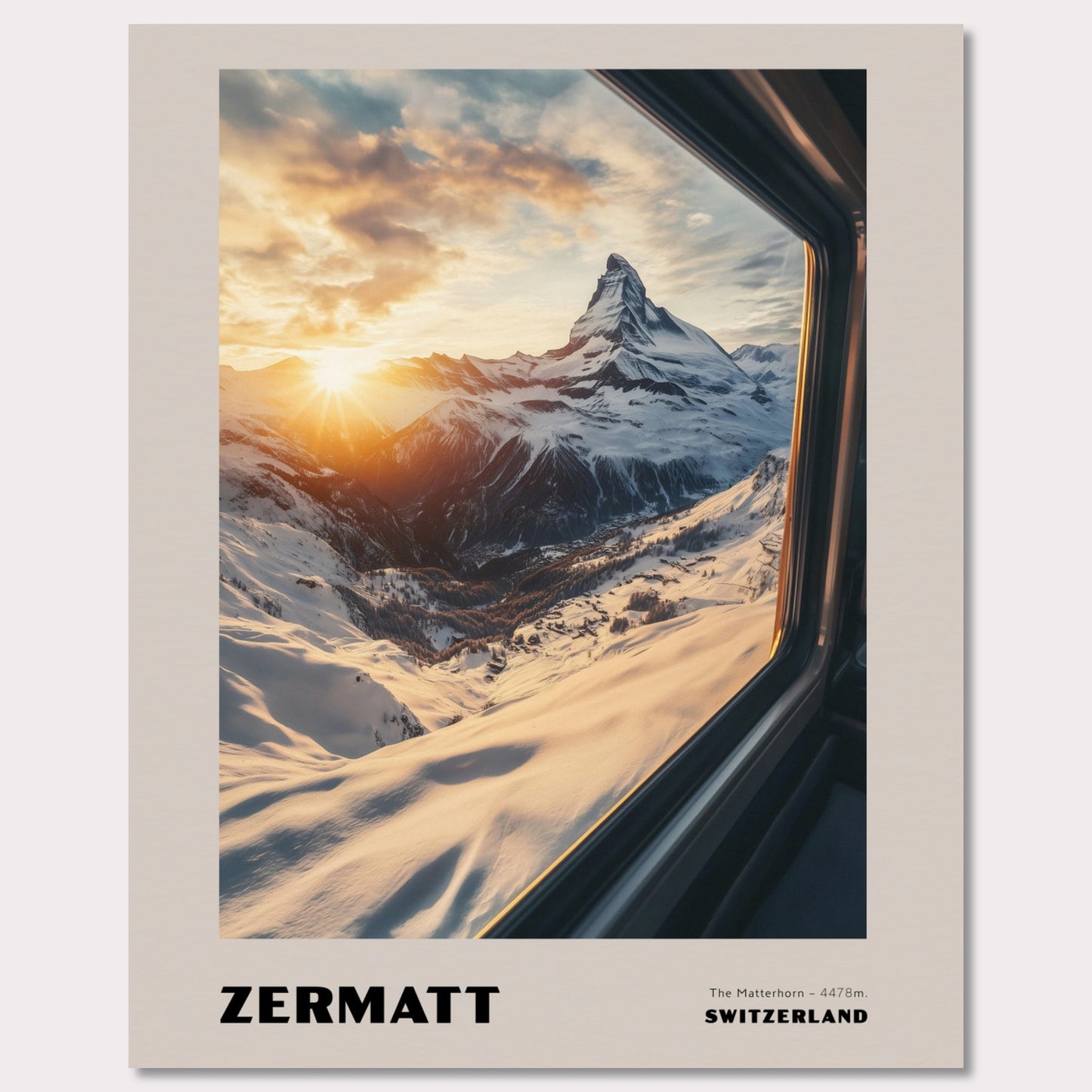 A stunning view of the Matterhorn bathed in golden sunset hues. Towering at 4478 meters, this legendary mountain has always drawn adventurers and travelers. The warm colors of the sunset create an extraordinary atmosphere, while the snow-covered slopes emphasize the purity and majesty of nature.