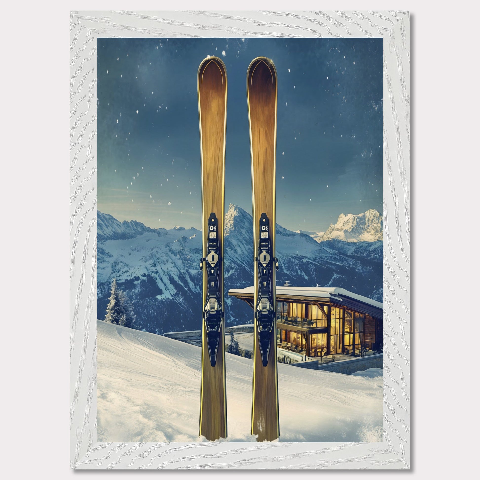 This elegant poster showcases the perfect blend of tradition and modernity in a snowy alpine escape. Two sleek skis stand proudly in the foreground, while a contemporary, glowing chalet nestled in the mountains provides a warm contrast to the frosty winter scene.