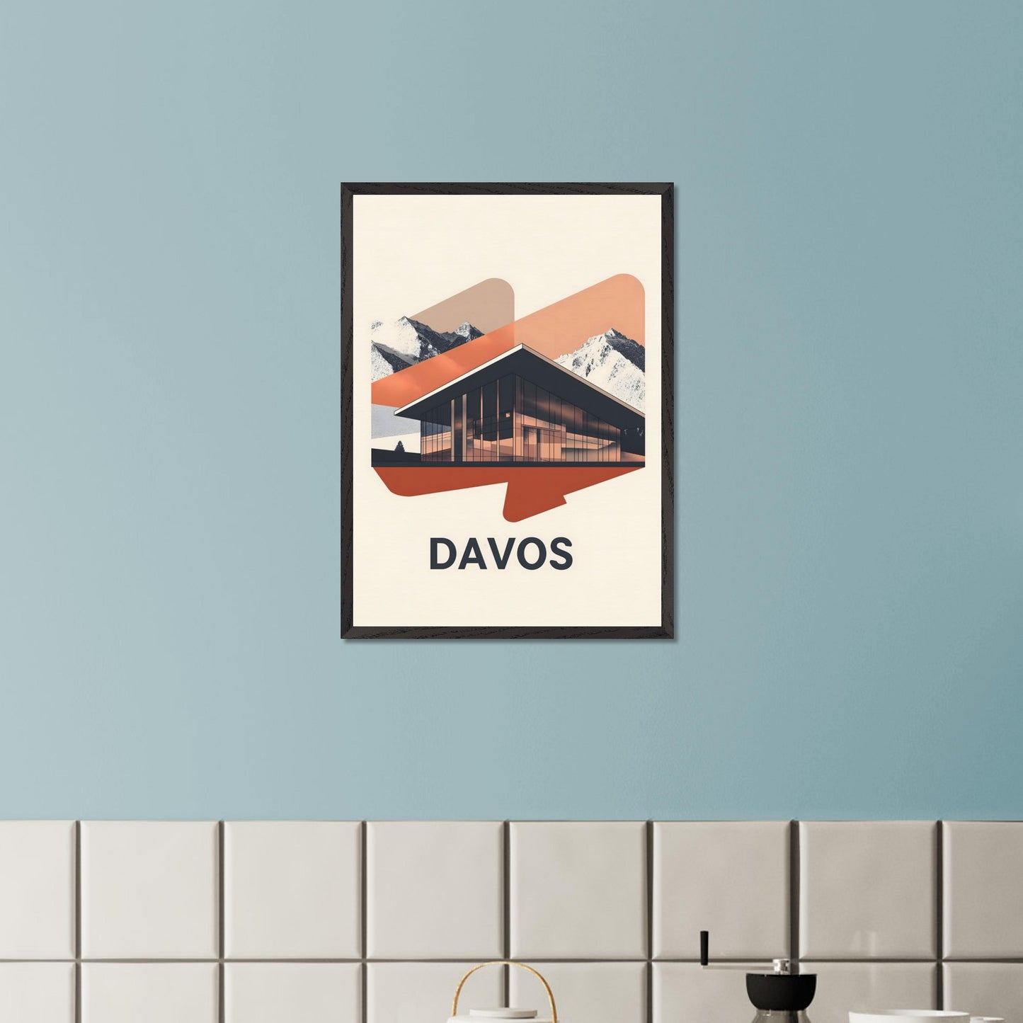 A sleek, modern representation of Davos, featuring a glass-fronted building set against towering alpine mountains. The minimalist color palette and subtle lighting effects give the scene a futuristic yet inviting feel.