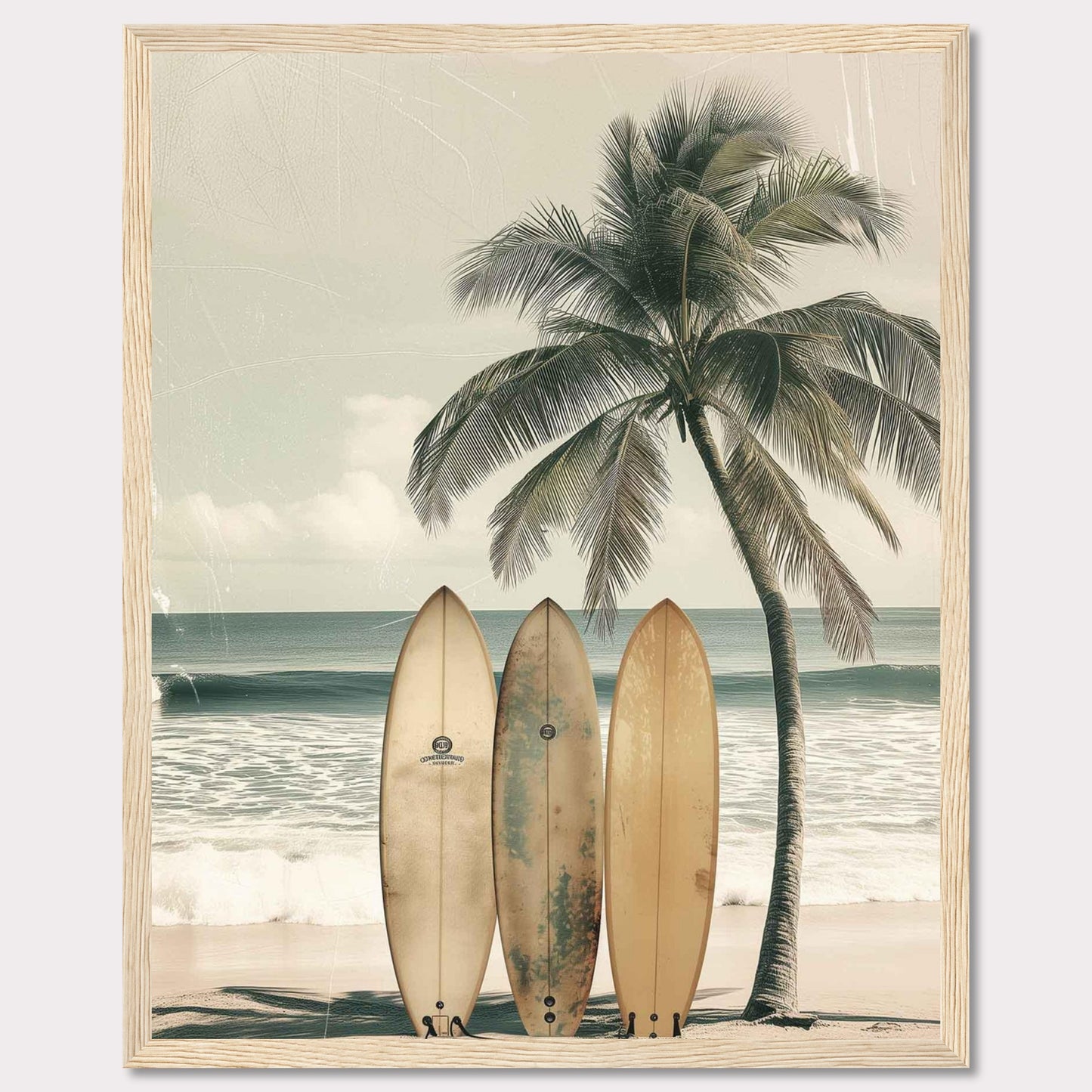 This captivating image features a serene beach scene with three surfboards leaning against a tall, swaying palm tree. The tranquil ocean waves and a clear sky in the background evoke a sense of calm and adventure.