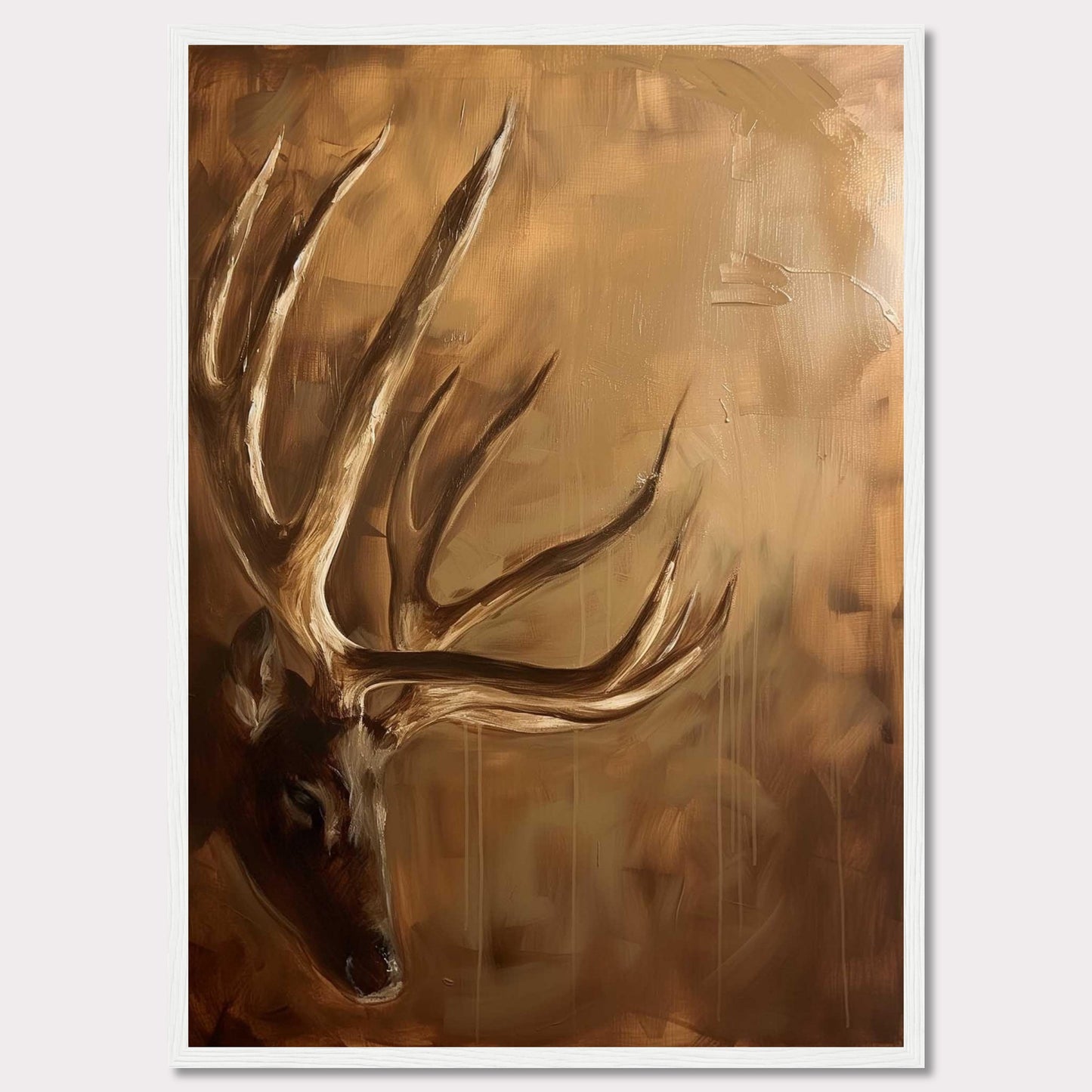 This captivating painting features a majestic deer with prominent antlers, set against a warm, earthy background. The artwork exudes a sense of tranquility and natural beauty, making it a perfect addition to any nature lover's collection.