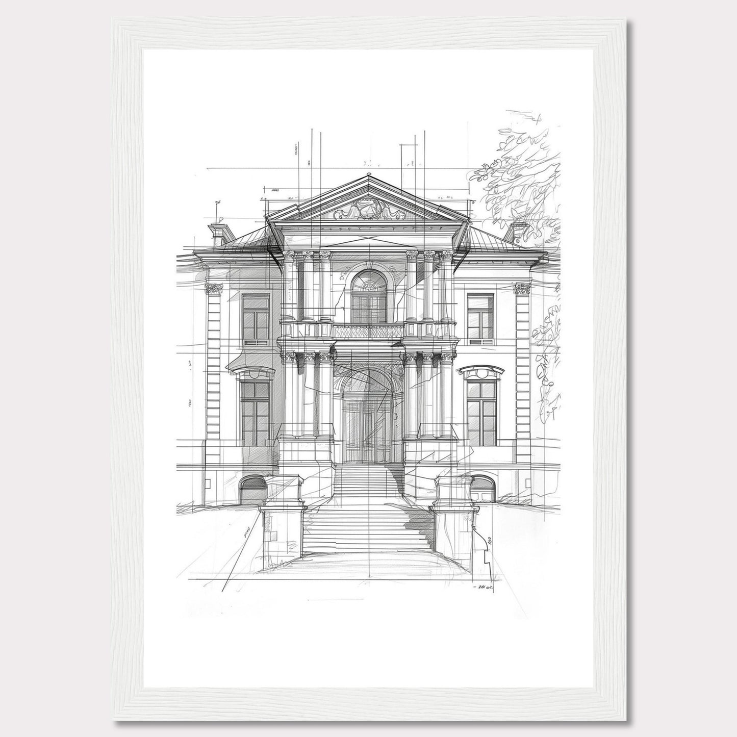 This image showcases an architectural sketch of a grand, classical building. The detailed drawing highlights the intricate design and majestic structure of the edifice.