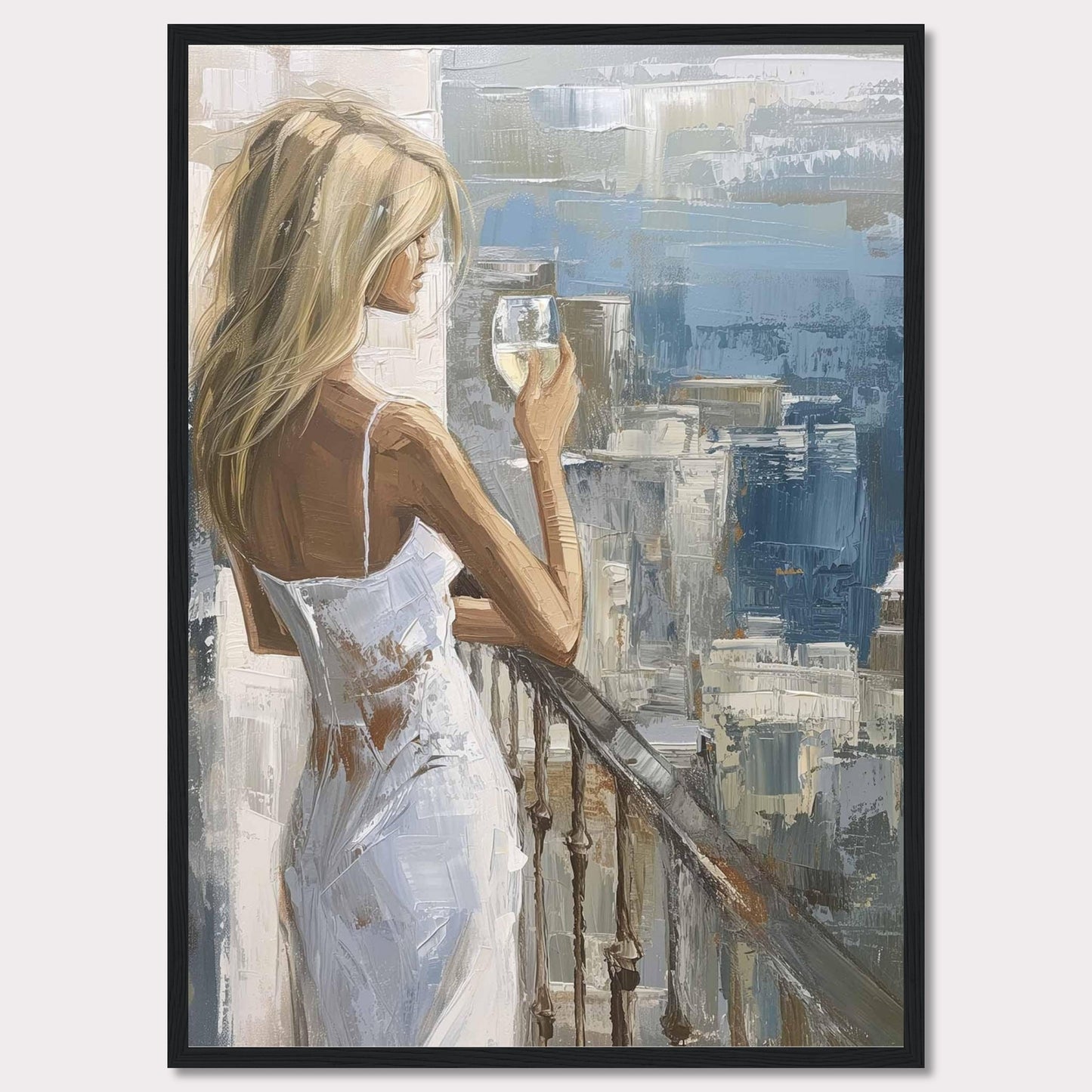 This painting depicts a serene moment where a woman, dressed in a white dress, stands on a balcony holding a glass of wine. The background features an impressionistic cityscape with various shades of blue and gray.