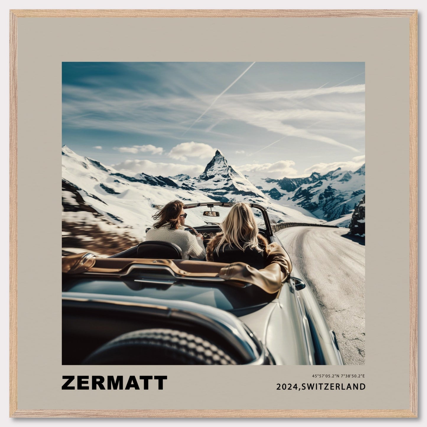 Experience the thrill of a scenic drive through the snowy mountains of Zermatt, Switzerland. This captivating image showcases two adventurers in a convertible, with the iconic Matterhorn standing majestically in the background.