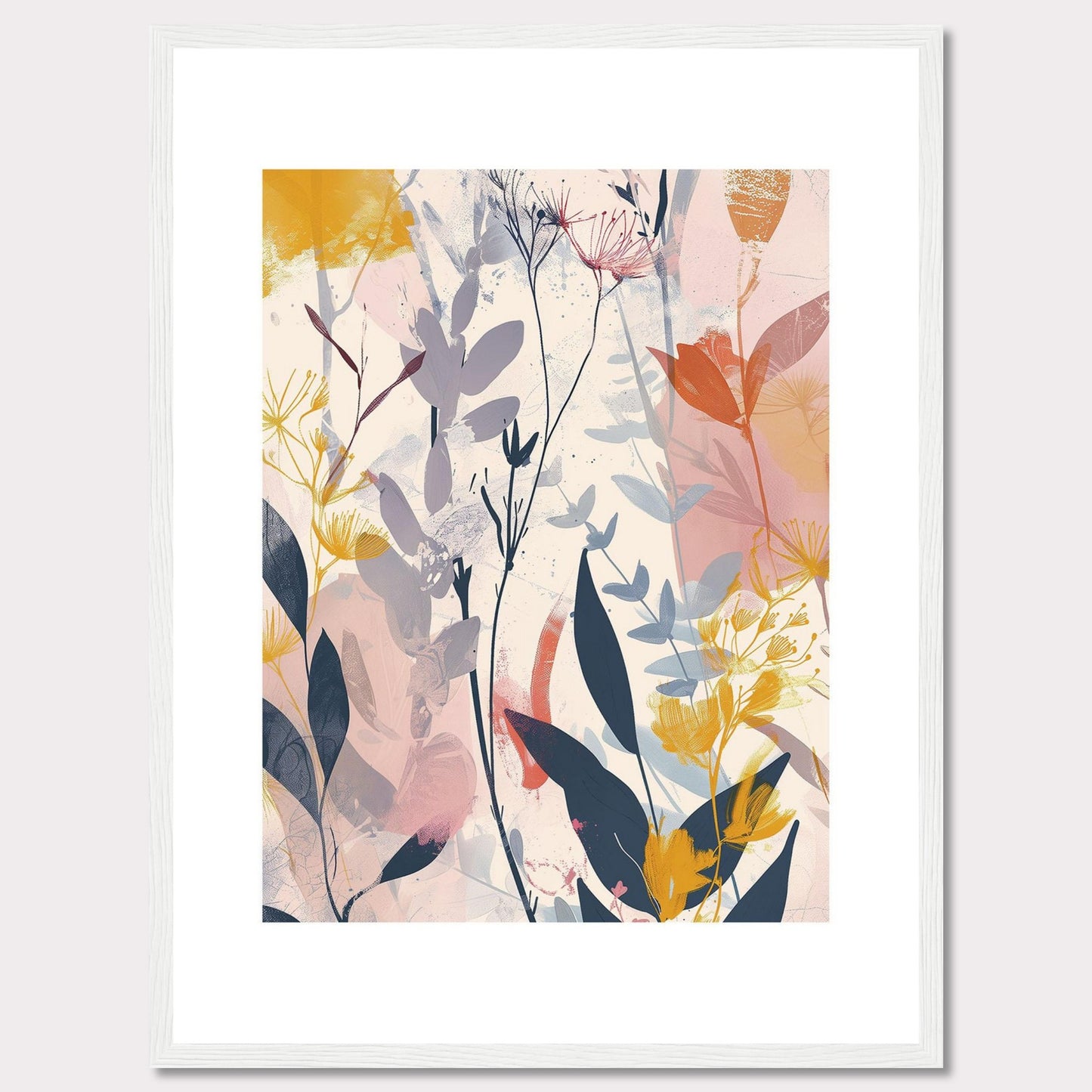 cd9189ca-e7a9-4b7b-8b91-c7bd7b754584This image showcases a beautiful abstract botanical art print. It features a blend of soft and vibrant colors, depicting various plant forms and leaves.