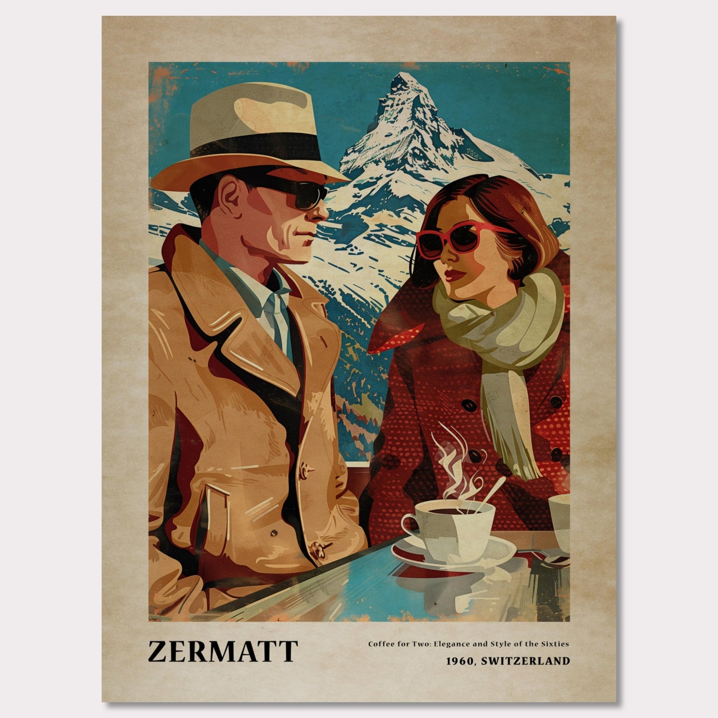 This vintage-style poster depicts a stylish couple enjoying coffee with a snowy mountain backdrop in Zermatt, Switzerland.