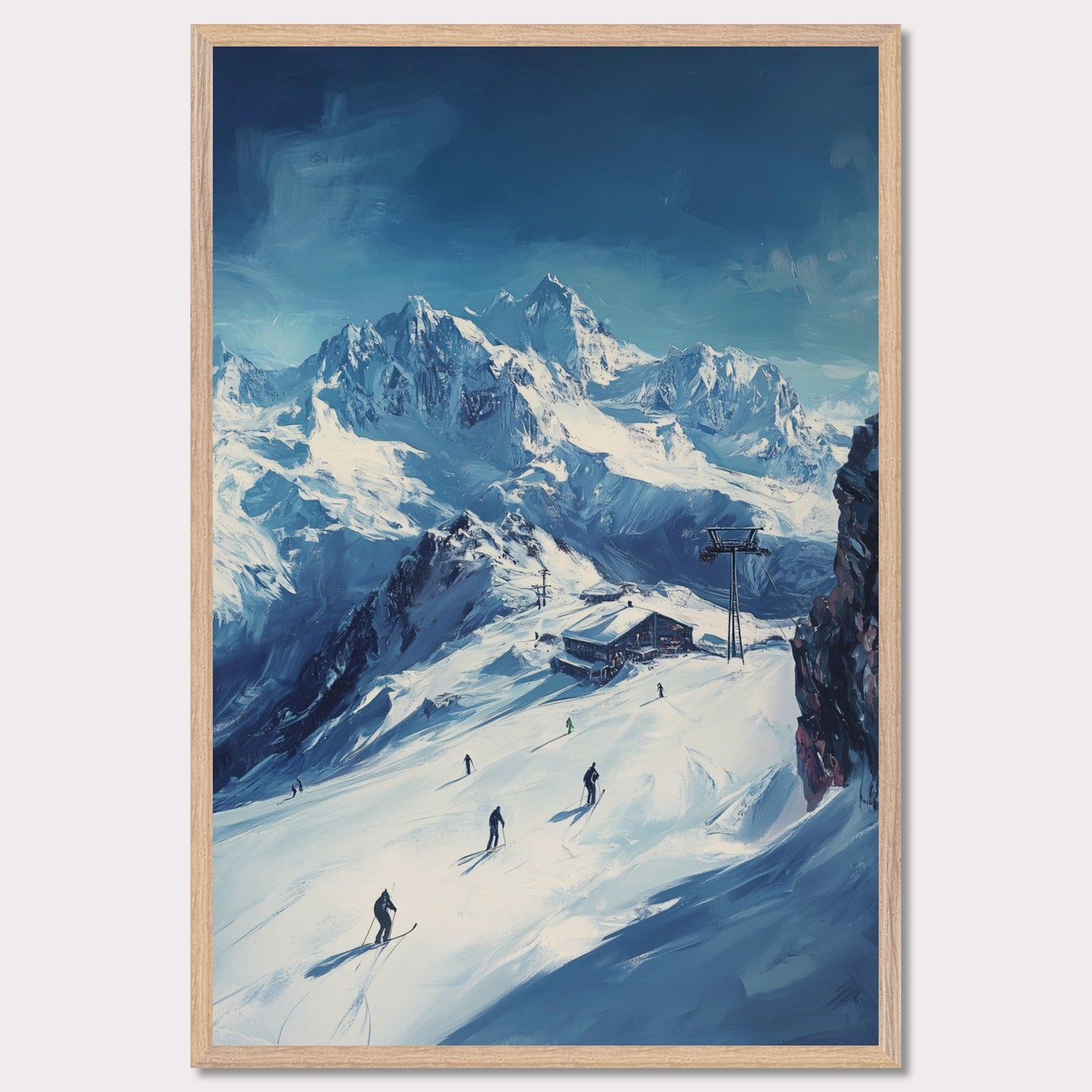 This vibrant, retro-style poster captures the excitement of skiing through the Swiss Alps, with skiers navigating fresh powder beneath towering, snow-covered peaks. The vast landscape and the thrill of the descent evoke a sense of freedom and adventure. The vintage typography and warm colors enhance the adventurous spirit, making it a perfect invitation to explore the slopes of the Swiss Alps and experience the rush of alpine skiing.