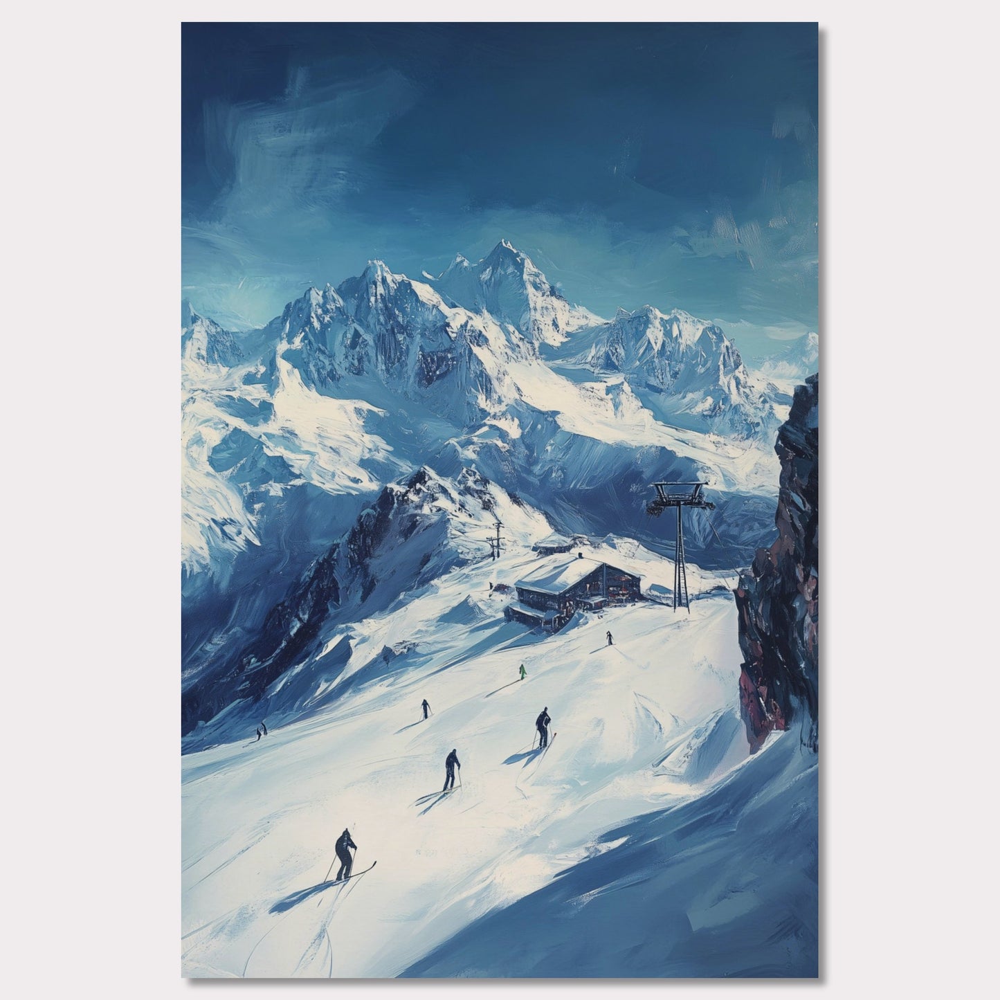 This vibrant, retro-style poster captures the excitement of skiing through the Swiss Alps, with skiers navigating fresh powder beneath towering, snow-covered peaks. The vast landscape and the thrill of the descent evoke a sense of freedom and adventure. The vintage typography and warm colors enhance the adventurous spirit, making it a perfect invitation to explore the slopes of the Swiss Alps and experience the rush of alpine skiing.