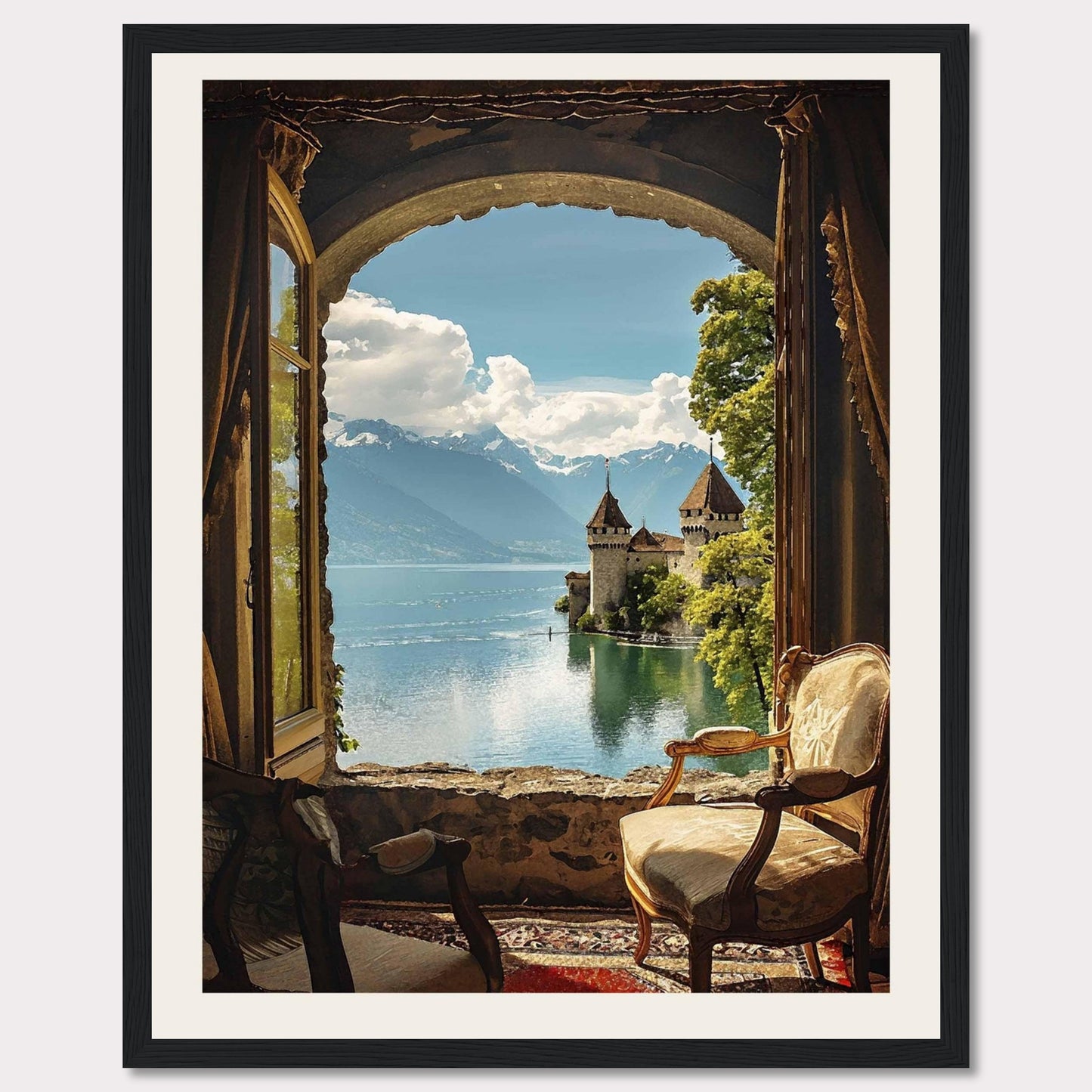 This stunning framed artwork captures a breathtaking view through an arched window, revealing a serene lake with a majestic castle and snow-capped mountains in the background. The cozy interior with antique chairs adds a touch of warmth and elegance.