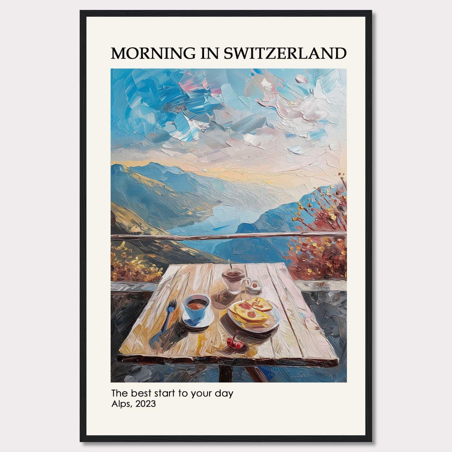 A serene morning in the Swiss Alps is depicted in this beautiful painting. The image showcases a wooden table set with a delightful breakfast, including coffee and pastries, against the backdrop of majestic mountains and a vibrant sky.