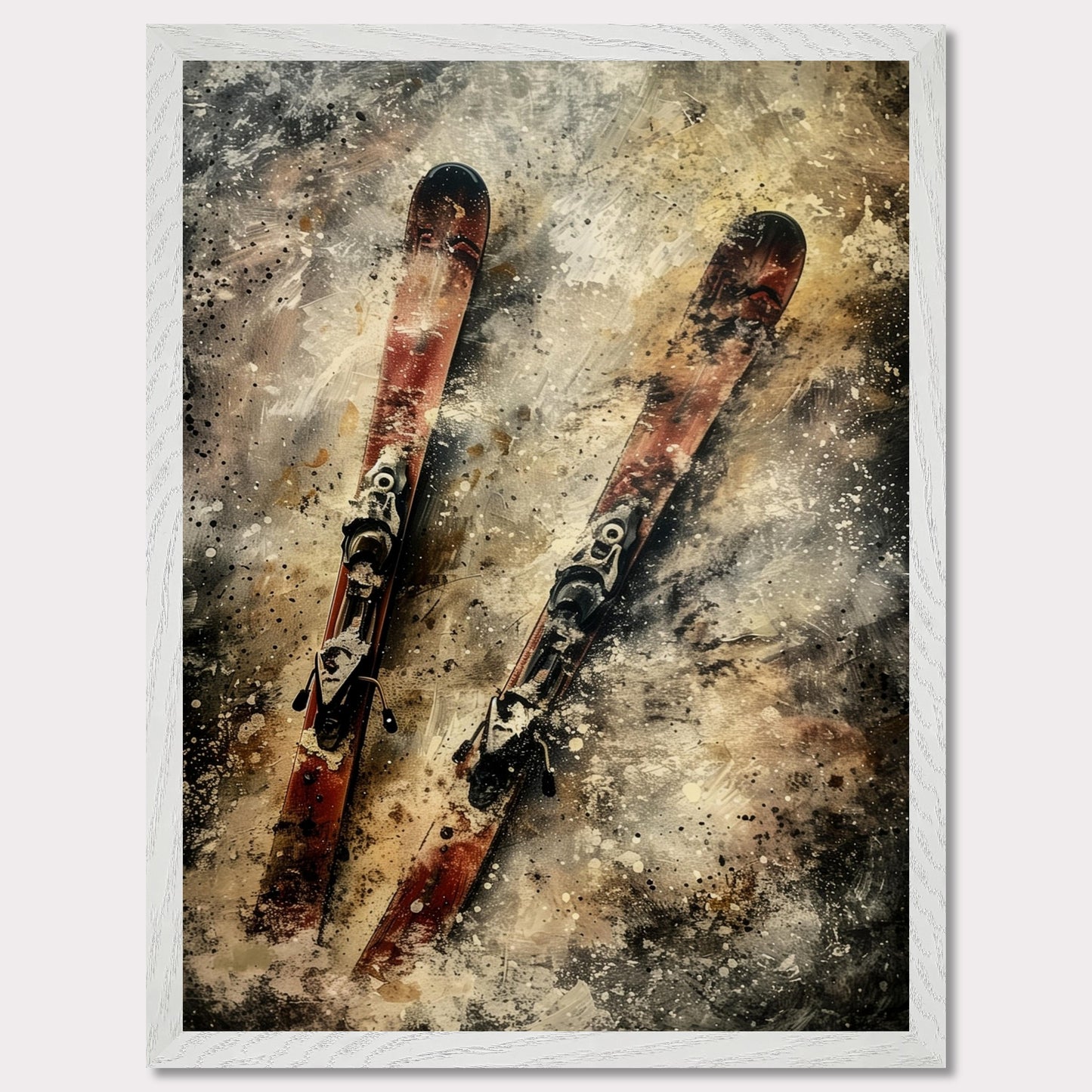 This image showcases a pair of vintage red skis with bindings, set against a textured, abstract background. The skis are positioned diagonally, creating a dynamic and energetic composition.