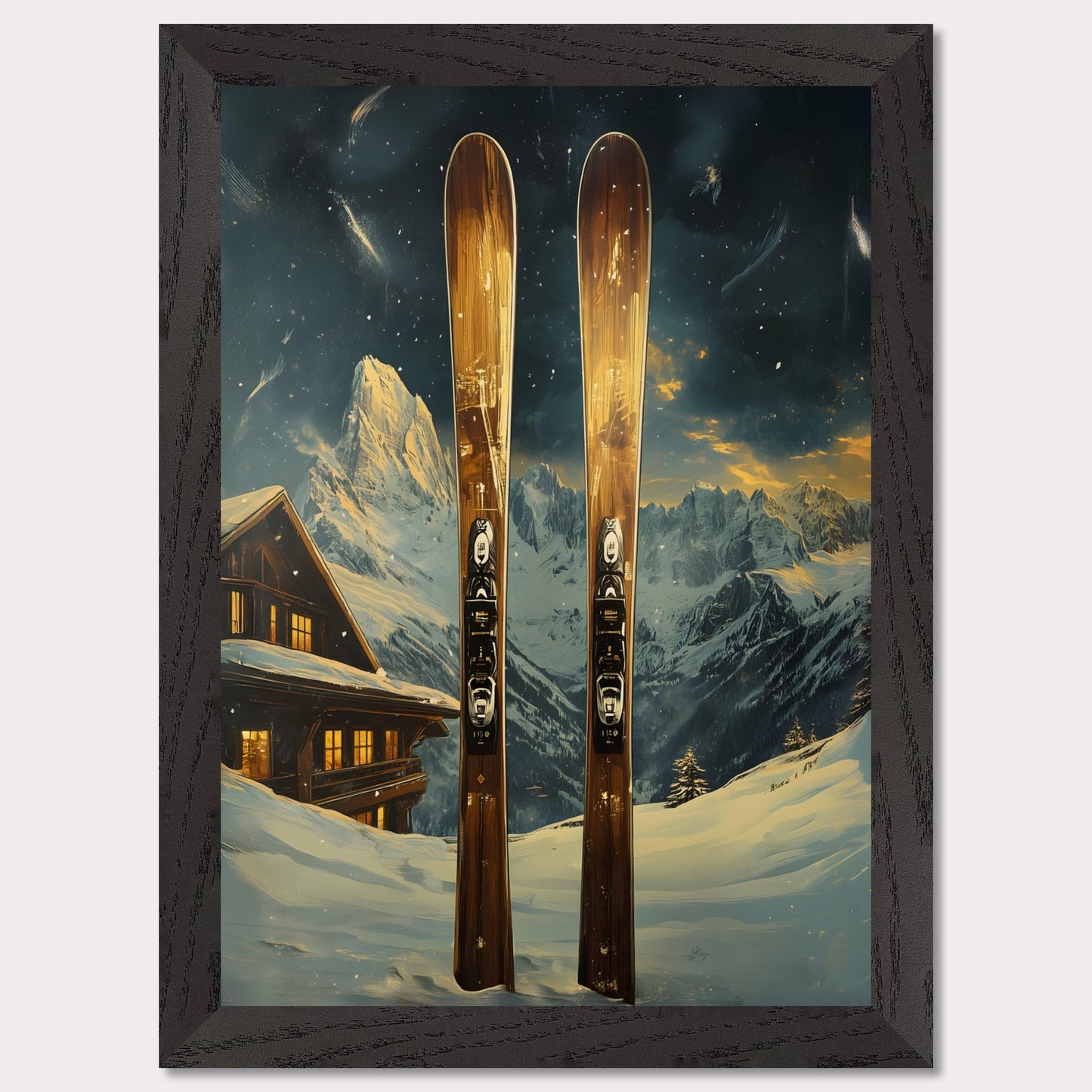 This dynamic poster showcases the exhilaration of a high-speed skiing adventure. Featuring a skier soaring off a powdery jump with a stunning panoramic view of rugged mountain ranges, it encapsulates the spirit of daring exploration and freedom. The vibrant energy of the scene is infectious.