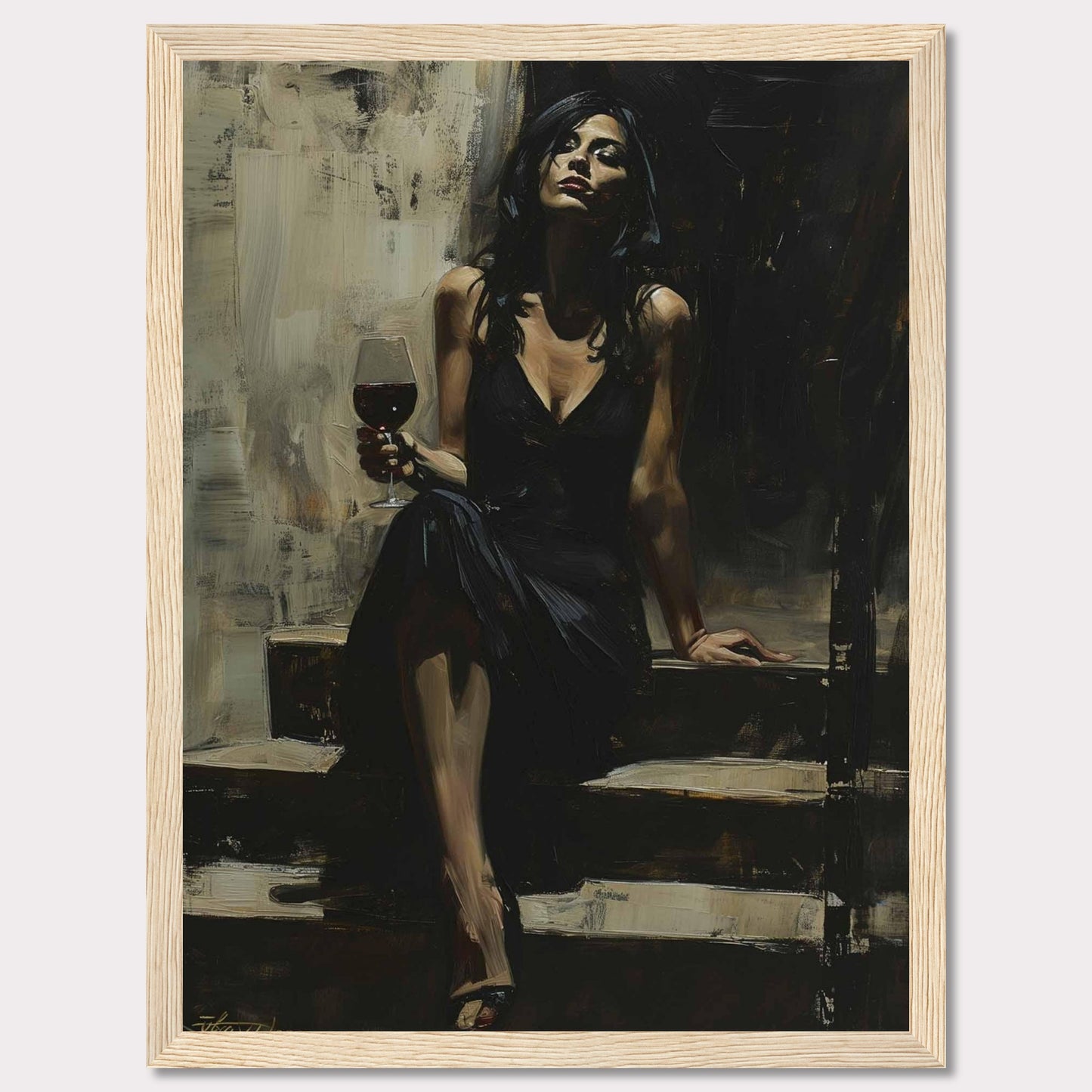 This captivating painting depicts a woman in an elegant black dress, seated on a set of steps. She holds a glass of red wine, exuding confidence and sophistication. The dark, moody background contrasts with her poised demeanor, creating a sense of intrigue and allure.