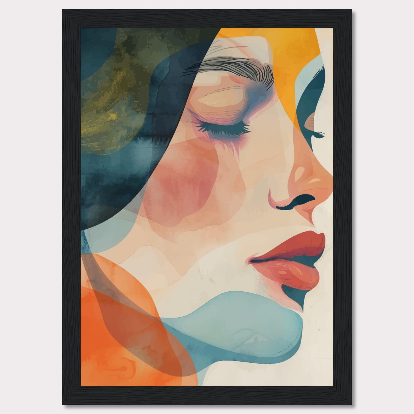 This captivating artwork features a serene profile of a woman's face, rendered in a vibrant mix of abstract colors. The composition highlights her closed eyes and calm expression, evoking a sense of tranquility and introspection.