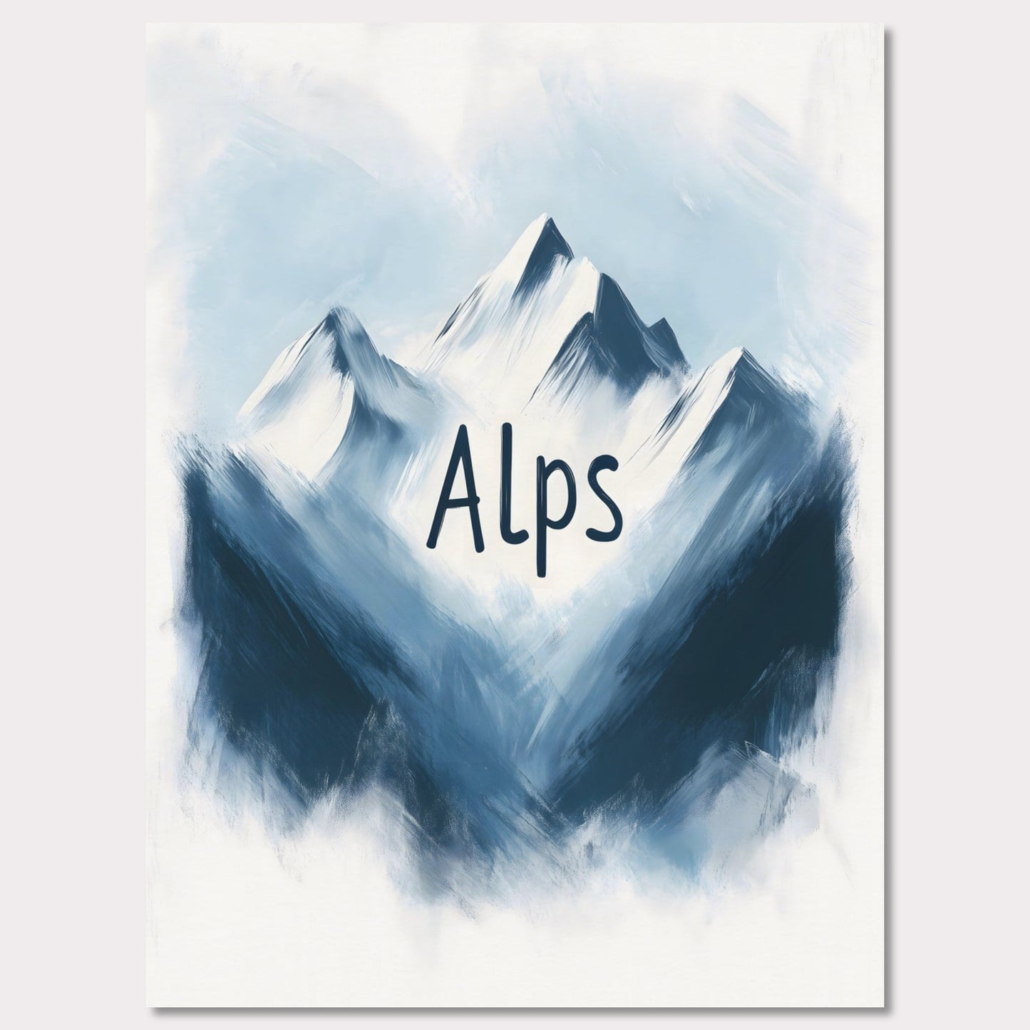 This minimalistic poster captures the raw beauty of alpine peaks, portrayed in a painterly, soft blue tone. The ethereal ambiance evokes a sense of peace and awe, celebrating the untouched splendor of nature.