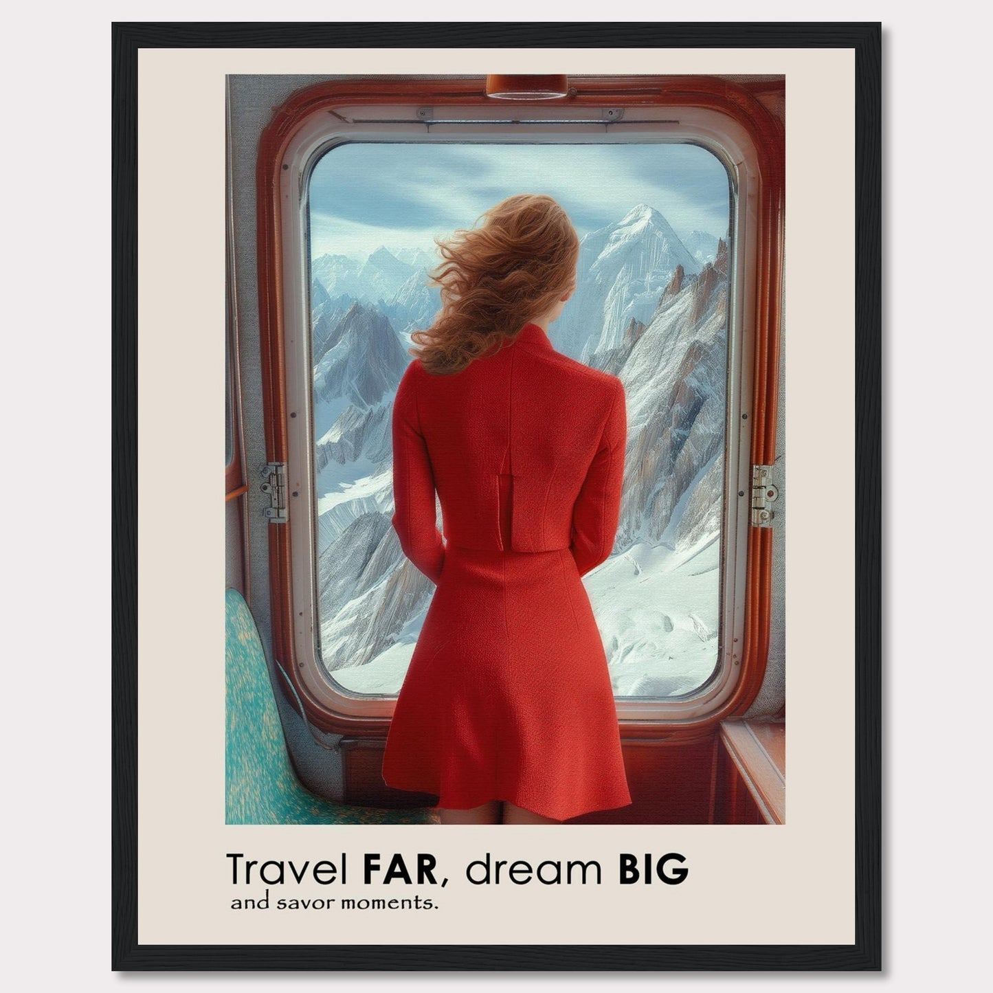 A woman in a red dress gazes out of a train window at majestic snow-covered mountains.