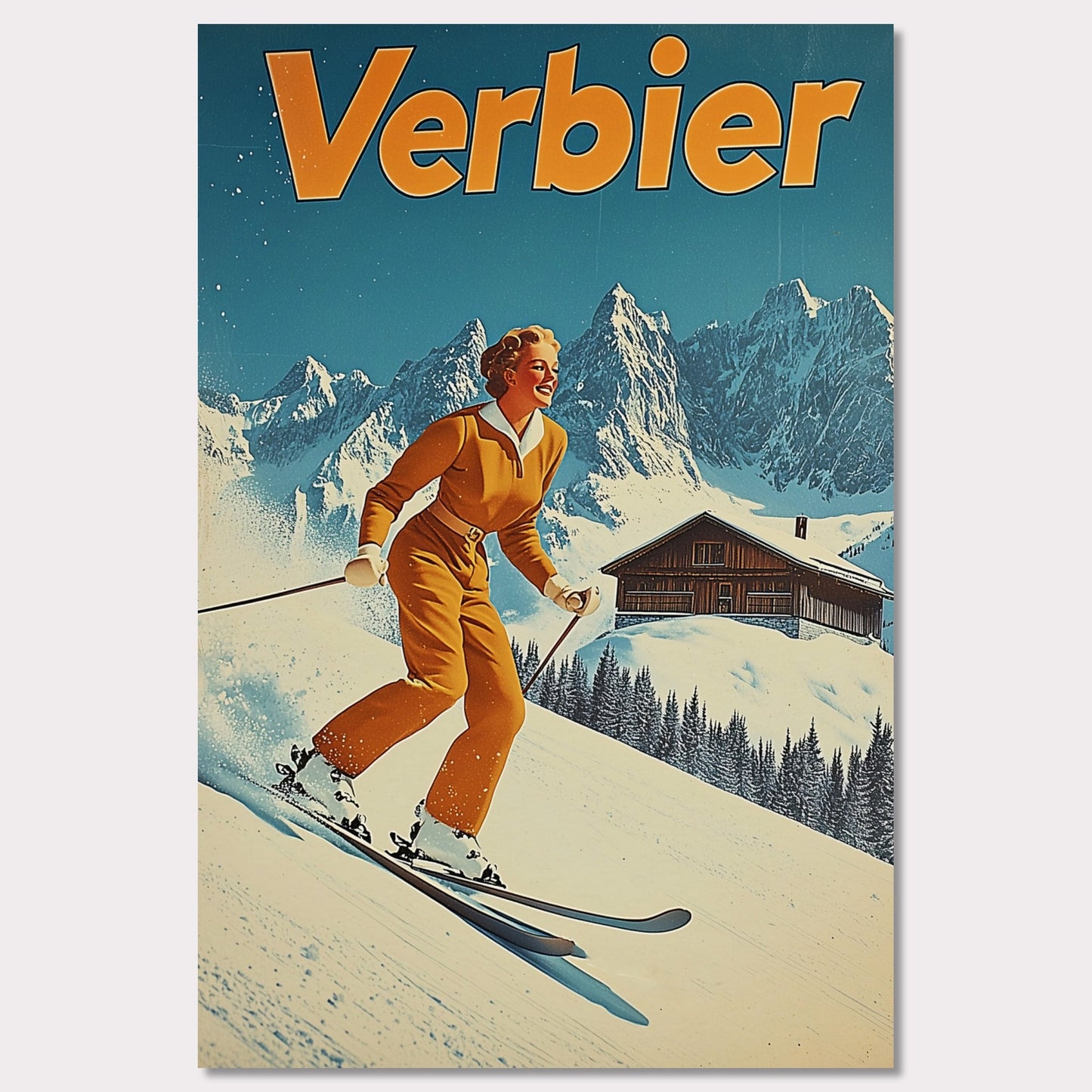 This vibrant retro poster features a cheerful skier dressed in a classic orange ski outfit, gliding down the pristine slopes of Verbier. Behind her, a picturesque alpine chalet sits amidst snow-covered peaks, with a bright blue sky completing the idyllic scene. The bold typography and clean lines enhance the nostalgic charm, inviting viewers to experience the joys of skiing in Verbier.