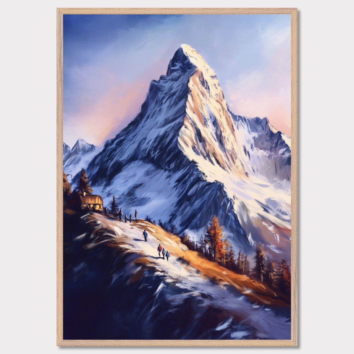 This atmospheric poster captures the awe-inspiring beauty of Zermatt, emphasizing the grandeur of the Matterhorn as it towers over a snow-dusted trail bathed in golden light. The soft, painterly style evokes a sense of tranquility and adventure, blending the rugged alpine landscape with the warmth of human activity.