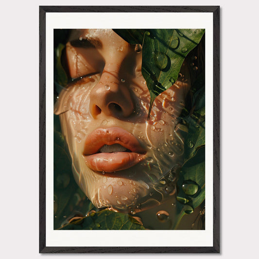 This is an artistic illustration depicting a close-up of a woman's face partially covered by leaves and water droplets.

This poster would fit well in a modern living room, bedroom, or office space, adding a touch of nature and surreal beauty to the decor.