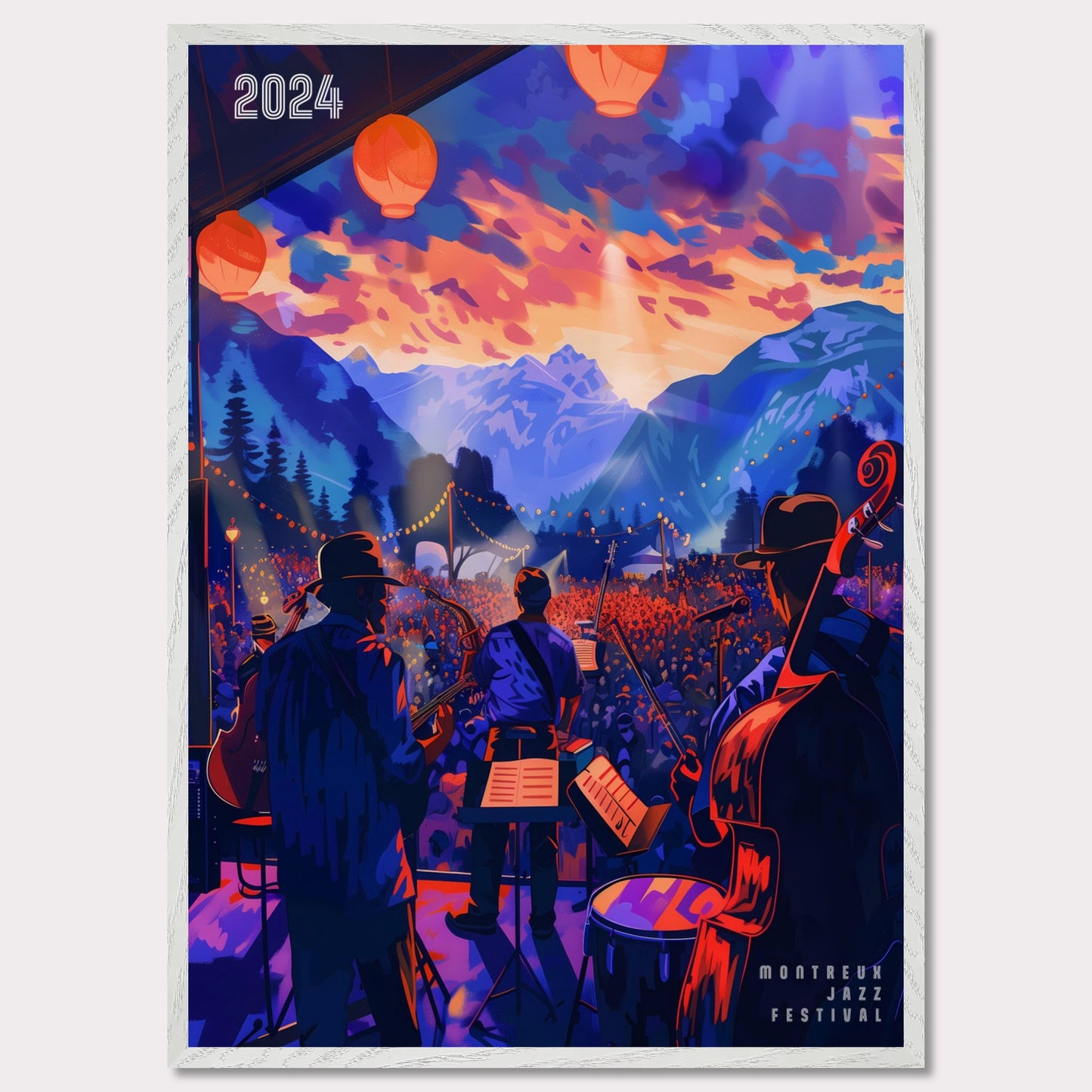 This vibrant poster depicts a lively jazz festival set against a stunning mountain backdrop. The scene is illuminated by colorful lanterns and features a band performing to a large, enthusiastic crowd. The sky is painted with dramatic hues of orange and purple, enhancing the festive atmosphere.