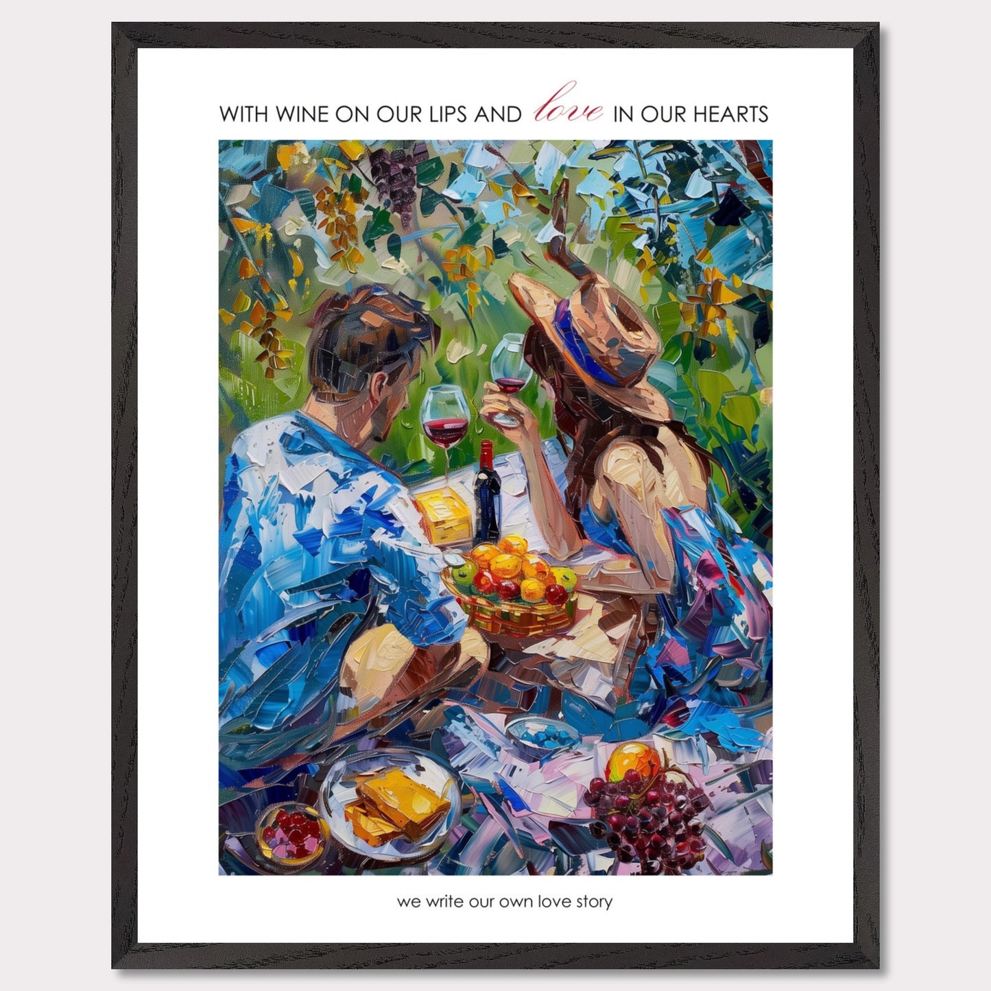 Couple on a summer picnic - Poster with a wooden frame