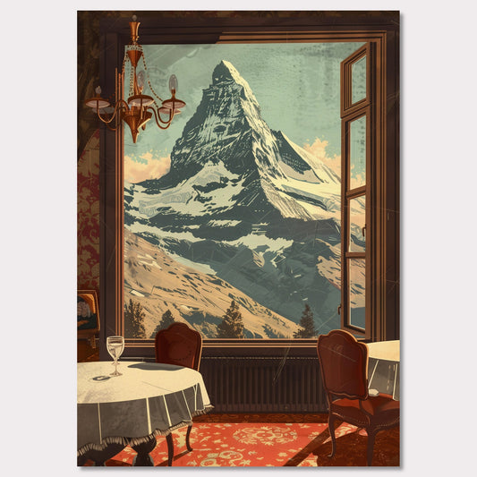 Witness the breathtaking view of a majestic snow-capped mountain through an elegantly framed window. This serene setting features a cozy dining area with classic furniture, a radiant chandelier, and a beautifully patterned carpet.