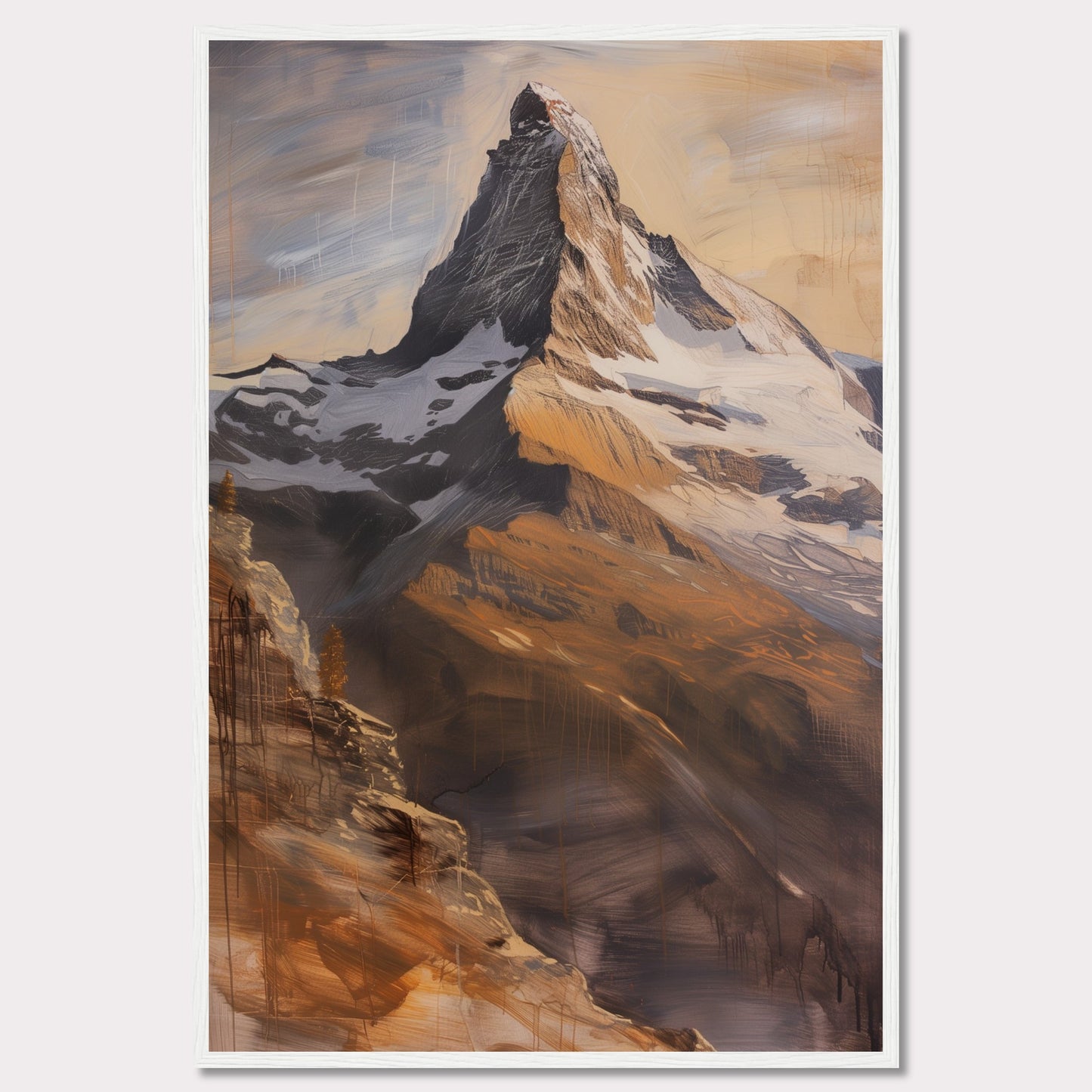 This stunning artwork captures the majestic beauty of a towering mountain peak bathed in warm, golden light. The painting showcases the rugged textures and dramatic contrasts of the rocky terrain, with snow-capped sections adding to its grandeur.