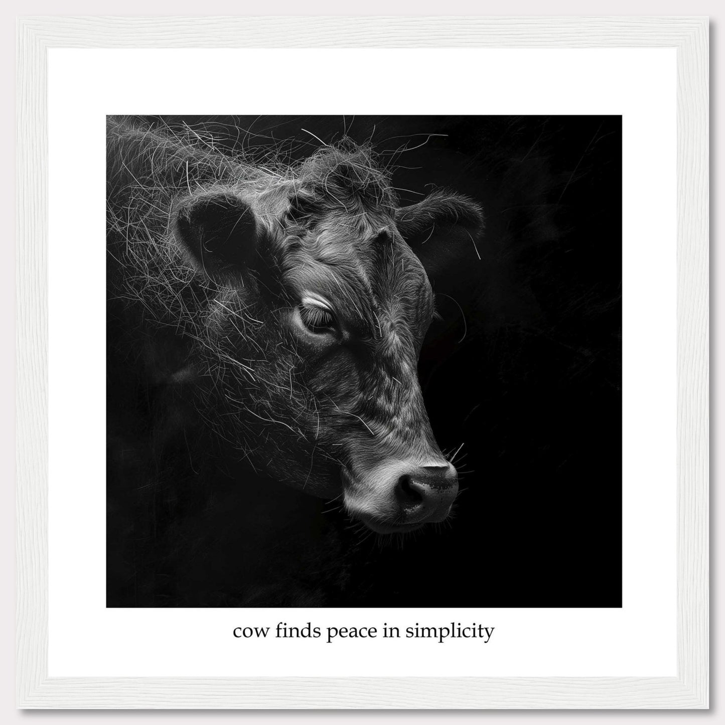 This image features a serene black and white portrait of a cow, captured in a moment of tranquility. The cow's detailed fur and calm expression are highlighted against a dark background, emphasizing its peaceful demeanor. The photograph is framed with a simple black border and includes the caption "cow finds peace in simplicity" at the bottom.