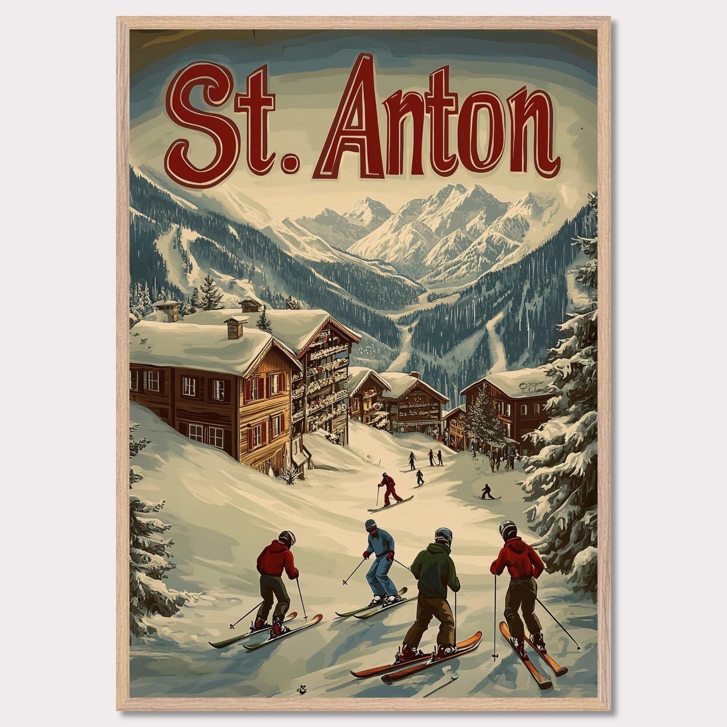 This stunning vintage-inspired poster depicts the idyllic town of St. Anton nestled beneath towering snow-capped peaks. The ski slopes are alive with activity, with skiers descending toward the charming wooden chalets. The warm hues in the sky add a sense of tranquility to the winter landscape, while the retro typography and art style transport the viewer to a time when winter holidays in the Alps were the height of elegance and adventure.