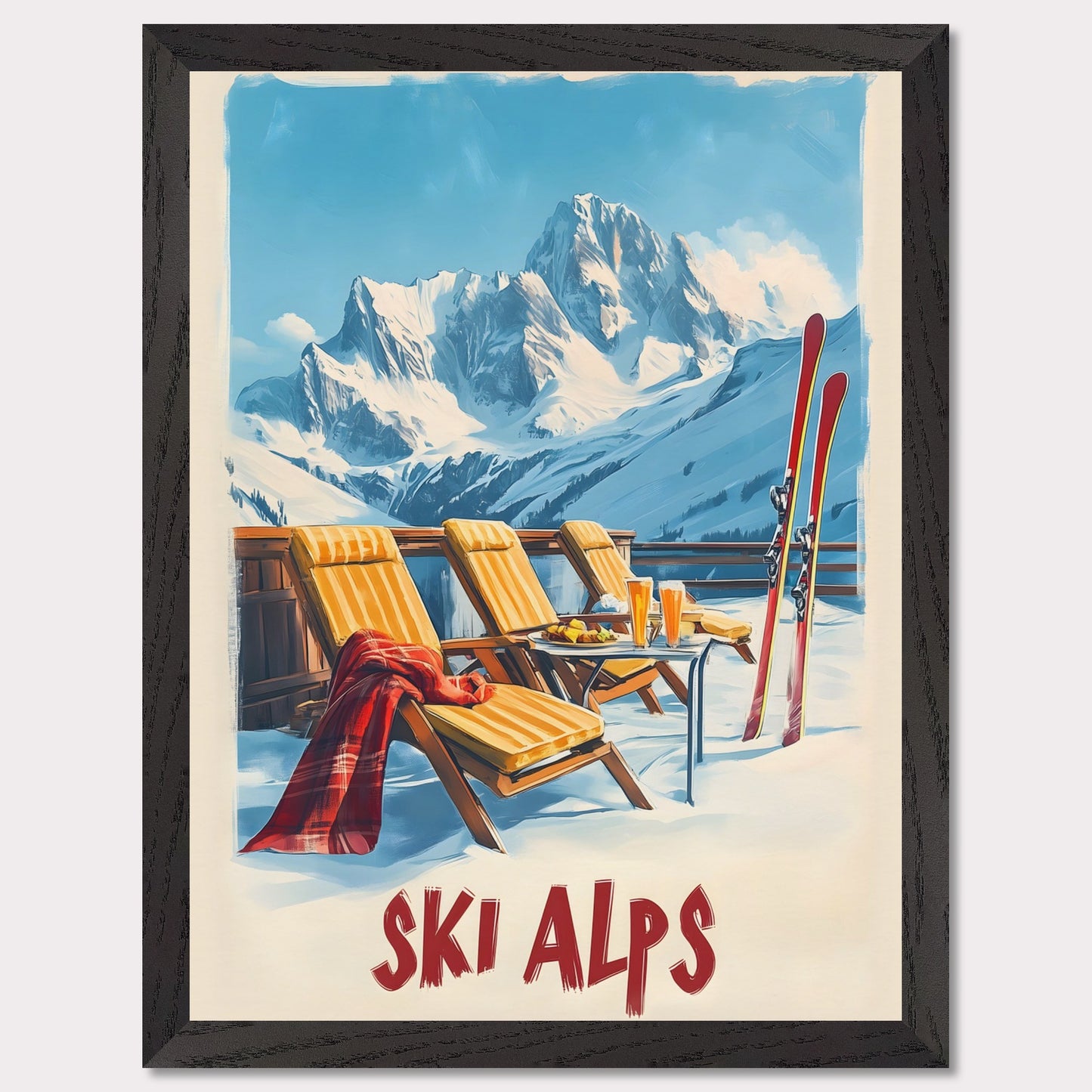 This vibrant poster captures the joy of a sunlit winter day in the Alps. Relaxation takes center stage with inviting lounge chairs draped in cozy blankets, complemented by refreshing beverages and a mountain backdrop that stretches into the clear blue sky.