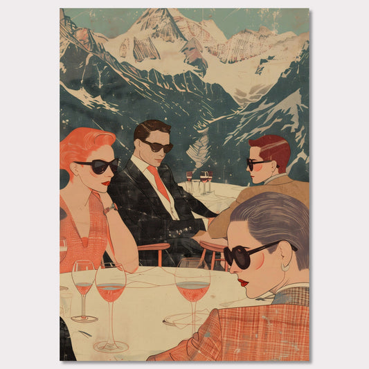 This captivating illustration depicts a stylish group of individuals enjoying a sophisticated gathering with a stunning mountain backdrop.  Four people wearing sunglasses Elegant attire Wine glasses on the table Snow-capped mountains in the background Serene outdoor setting