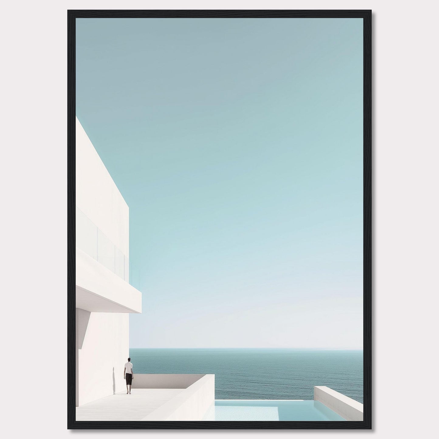 This serene image captures a minimalist coastal scene featuring a modern white building overlooking the tranquil ocean. A solitary figure stands on a balcony, gazing out at the expansive sea and clear sky. The composition exudes calmness and simplicity, inviting viewers to embrace a moment of peaceful reflection.