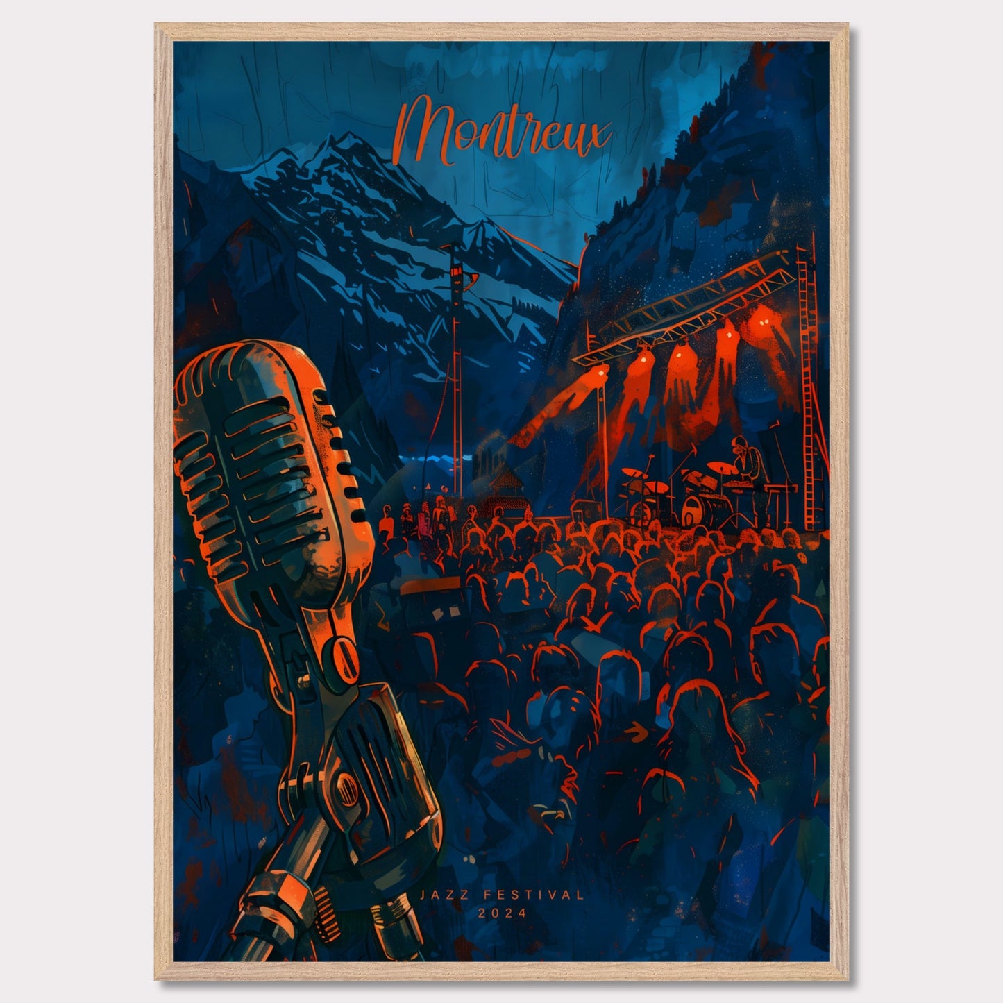 Experience the magic of Montreux Jazz Festival 2024! This vibrant poster captures the essence of live music against a stunning mountain backdrop. Join the crowd, feel the rhythm, and be part of an unforgettable musical journey.