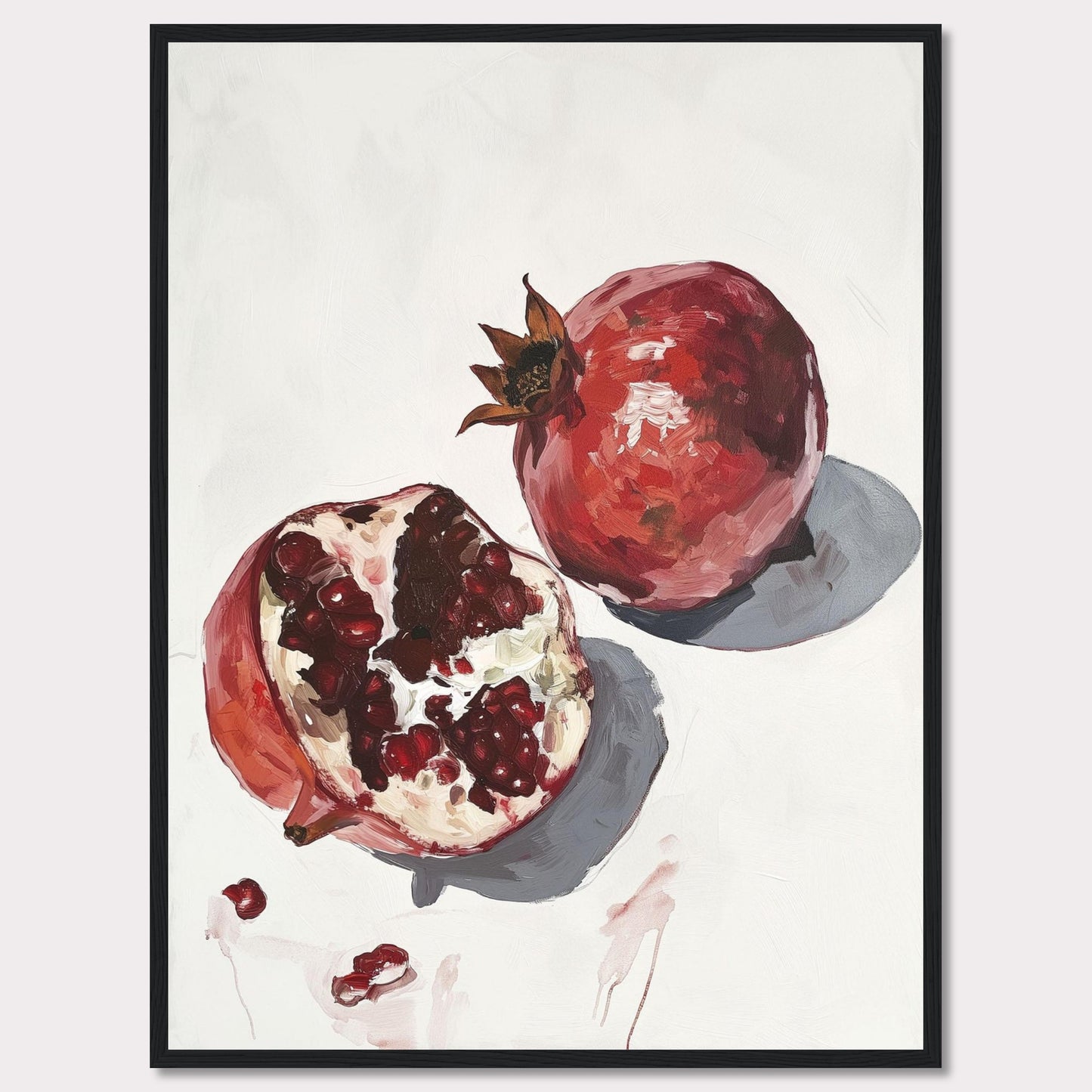 This captivating artwork features a detailed painting of two pomegranates, one whole and one halved, showcasing the vibrant red seeds. The minimalist background highlights the rich colors and textures of the fruit, making it a striking piece for any space.