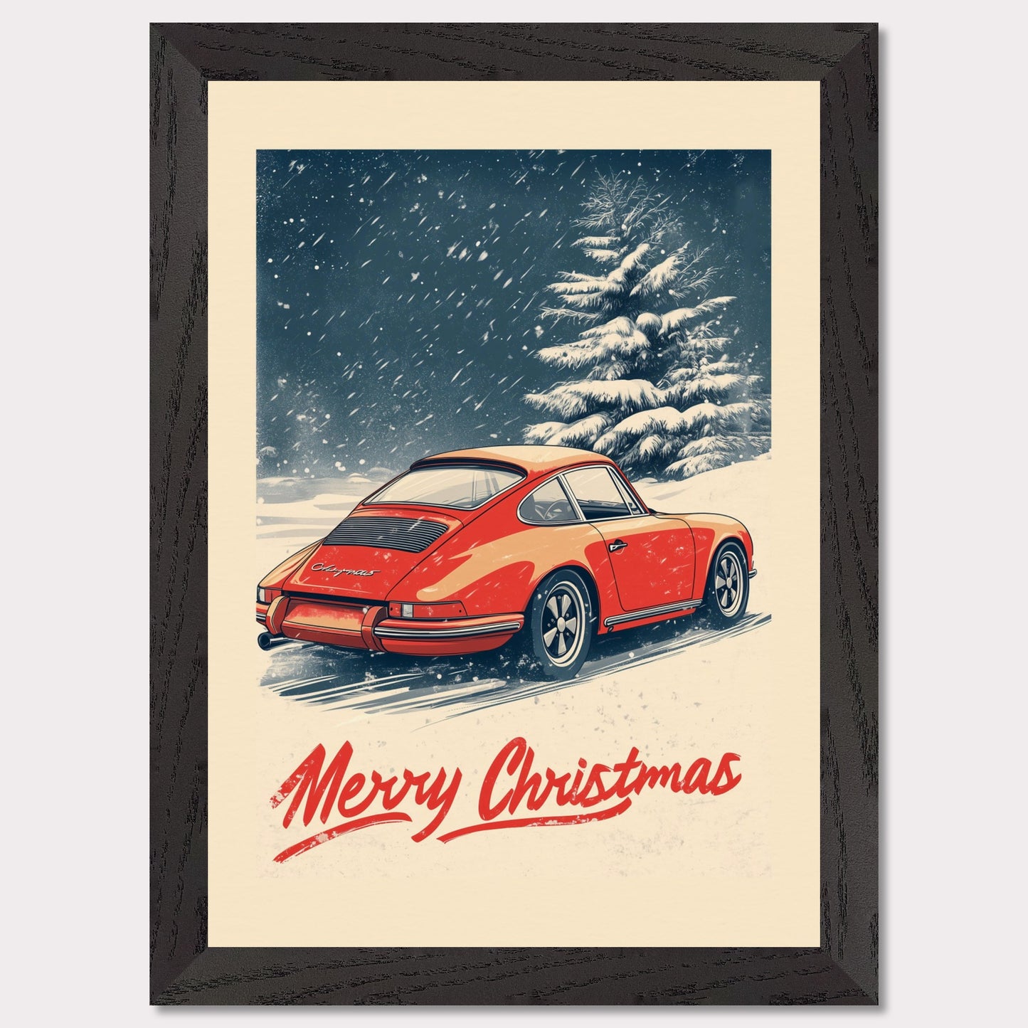 This nostalgic holiday poster features a striking red Porsche driving through a snow-covered landscape, with festive snowflakes gently falling around the scene. A snowy tree and soft winter hues create a cozy and festive atmosphere. The bold "Merry Christmas" typography adds an extra touch of holiday cheer, making it a perfect way to celebrate the season with a classic car enthusiast's touch.