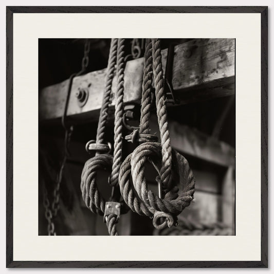 This black and white illustration depicts a close-up view of coiled ropes hanging from wooden beams, evoking a rustic or nautical theme.