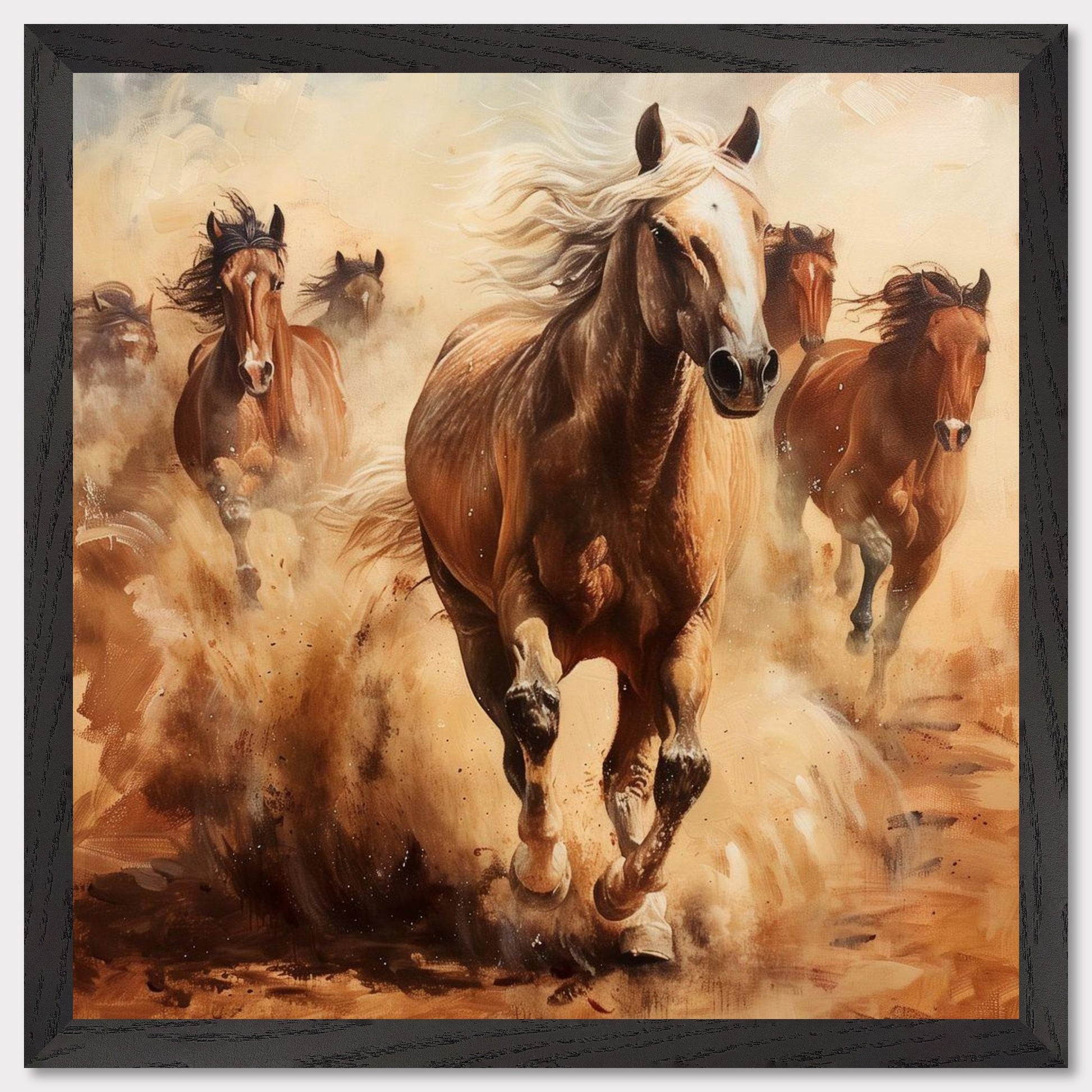 This captivating painting showcases a herd of wild horses galloping through a dusty landscape. The dynamic movement and powerful energy of the horses are vividly captured, evoking a sense of freedom and untamed spirit.