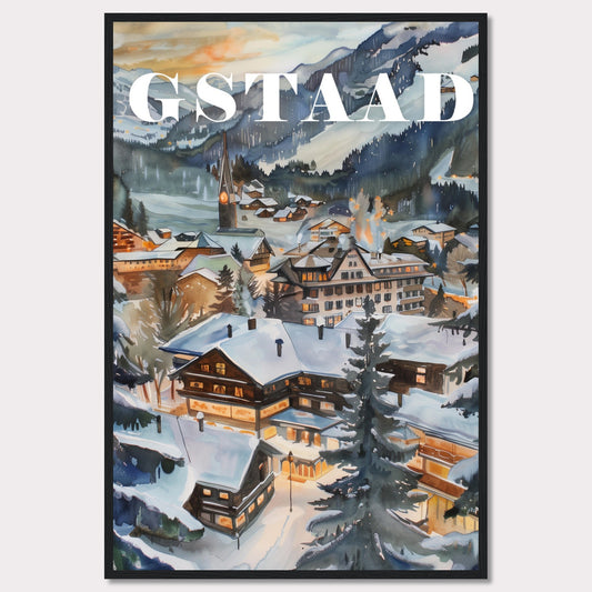 This image showcases a beautiful winter scene of Gstaad, a picturesque village nestled in the Swiss Alps. The painting captures the charm of snow-covered chalets, pine trees, and a serene mountainous backdrop under a soft evening sky.