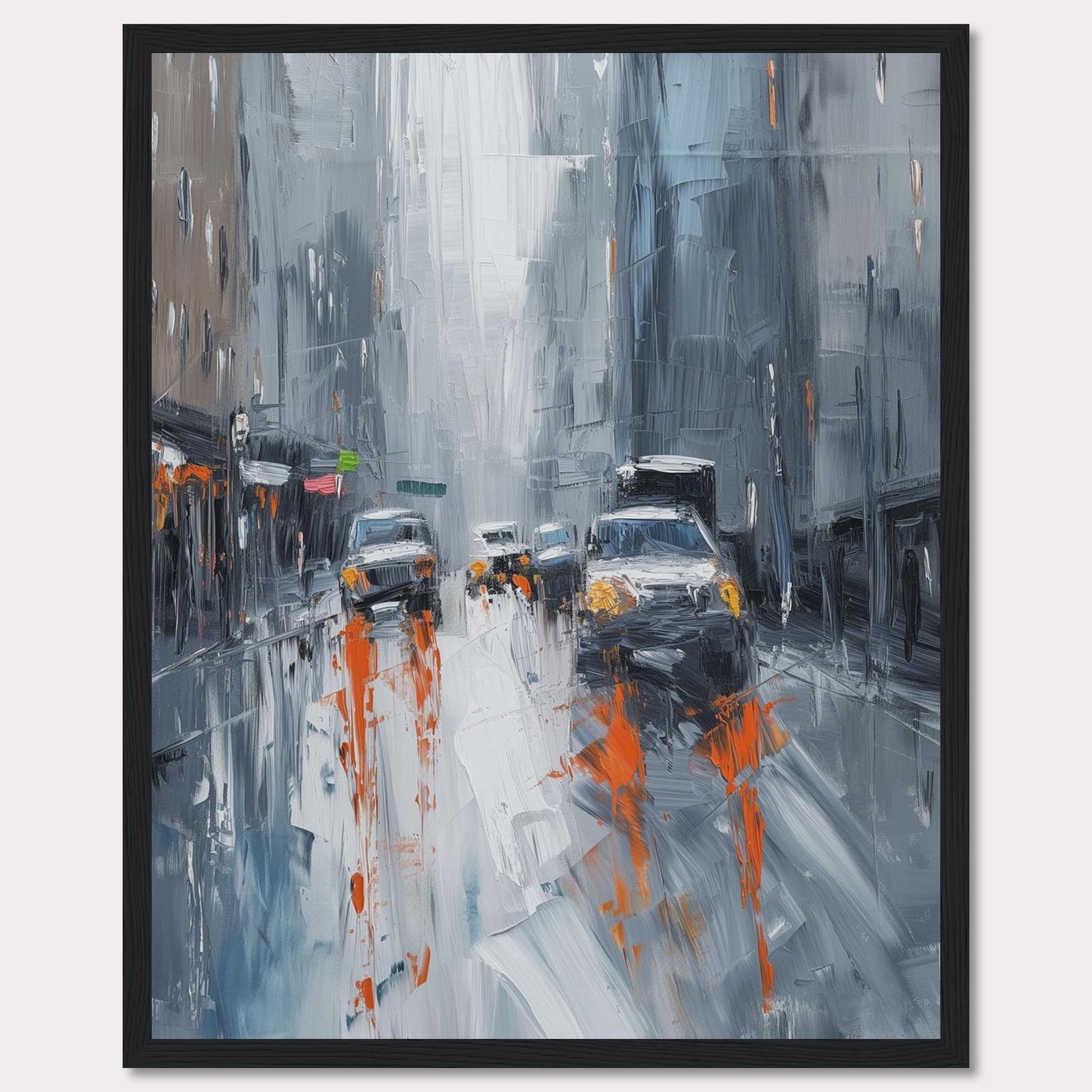 This captivating painting portrays a rainy city street with cars and buildings enveloped in a misty atmosphere. The artist uses bold brushstrokes and a muted color palette with pops of orange to depict the bustling urban scene.