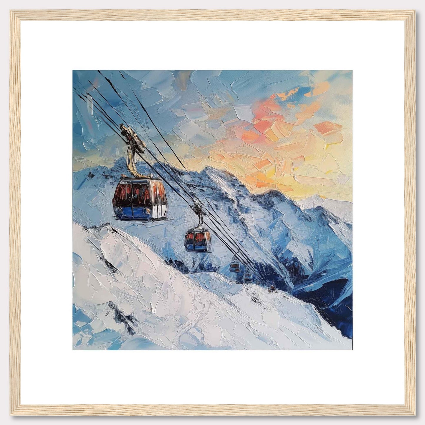 This stunning painting captures a picturesque mountain scene with two cable cars gliding over snowy peaks as the sun sets, casting a warm glow across the sky.