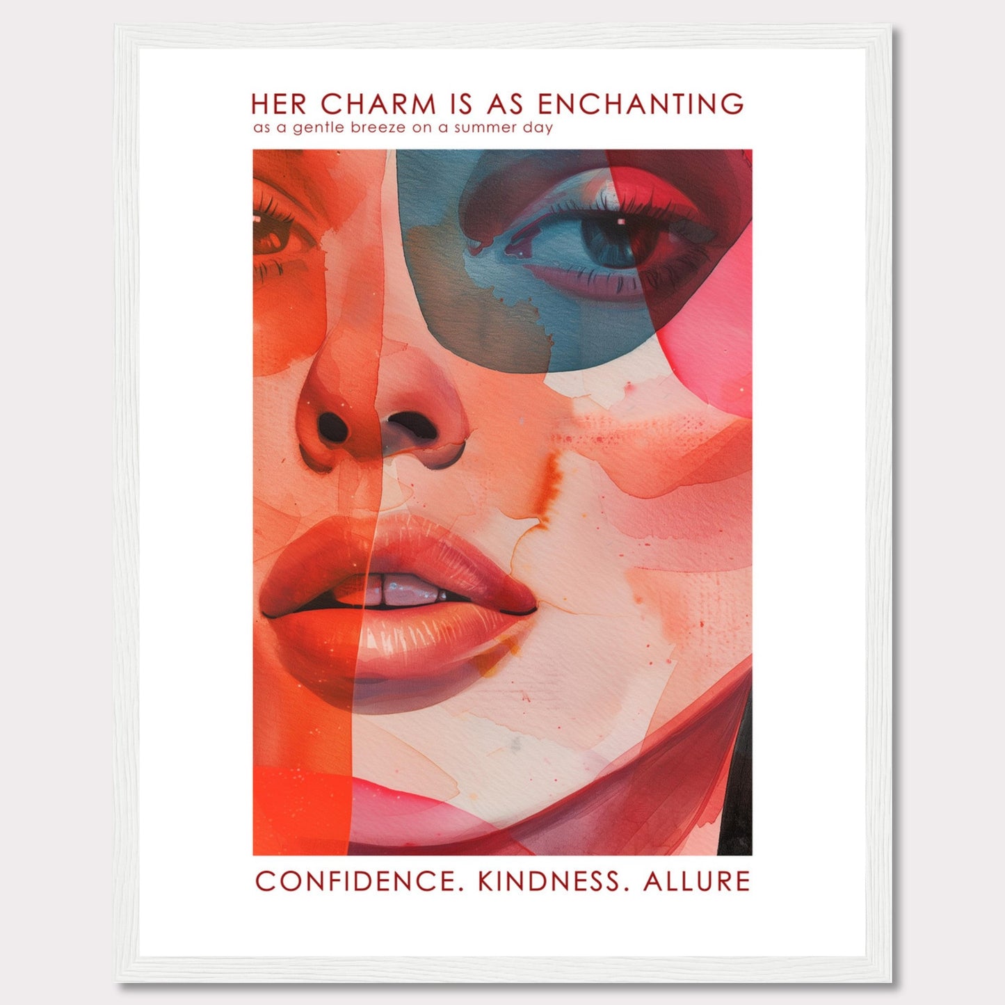 This captivating artwork features a vibrant and abstract portrait of a woman's face, blending warm and cool tones seamlessly. The text at the top reads, "HER CHARM IS AS ENCHANTING as a gentle breeze on a summer day," and at the bottom, it emphasizes "CONFIDENCE. KINDNESS. ALLURE." The image evokes a sense of elegance, mystery, and strength.