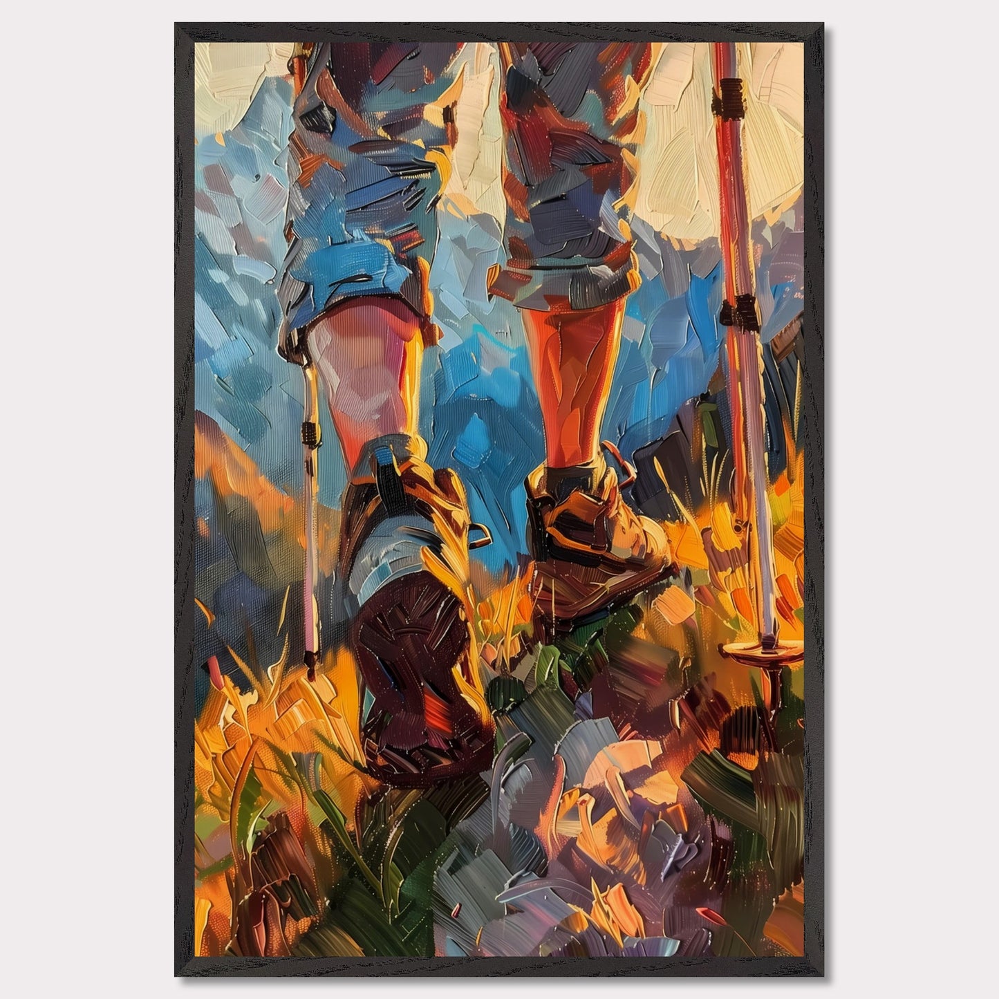 This illustration depicts a hiker's legs and feet as they traverse a vibrant, mountainous landscape. The scene is painted with bold, expressive brushstrokes, emphasizing the dynamic movement and rugged terrain.