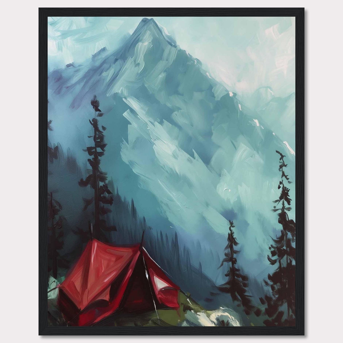 This captivating painting depicts a serene mountain landscape with a vibrant red tent pitched among tall pine trees. The majestic mountain in the background is shrouded in mist, adding a sense of mystery and tranquility to the scene. The contrast between the bold red tent and the cool blue tones of the mountain creates a striking visual effect.