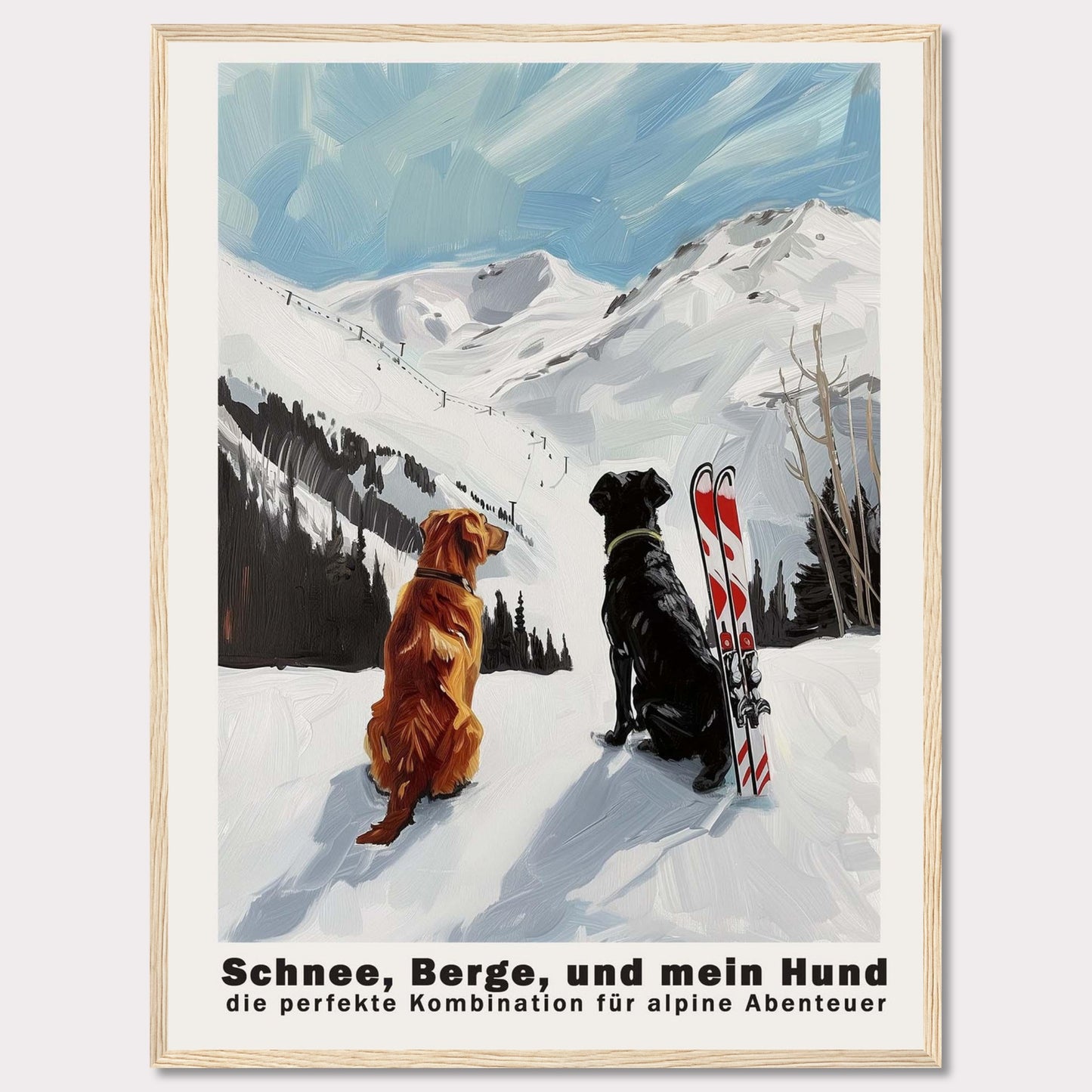 This image depicts two dogs sitting in the snow, gazing at a snowy mountain landscape. Next to them is a pair of skis, suggesting an alpine adventure. The sky is clear with a few clouds, adding to the serene and adventurous atmosphere.